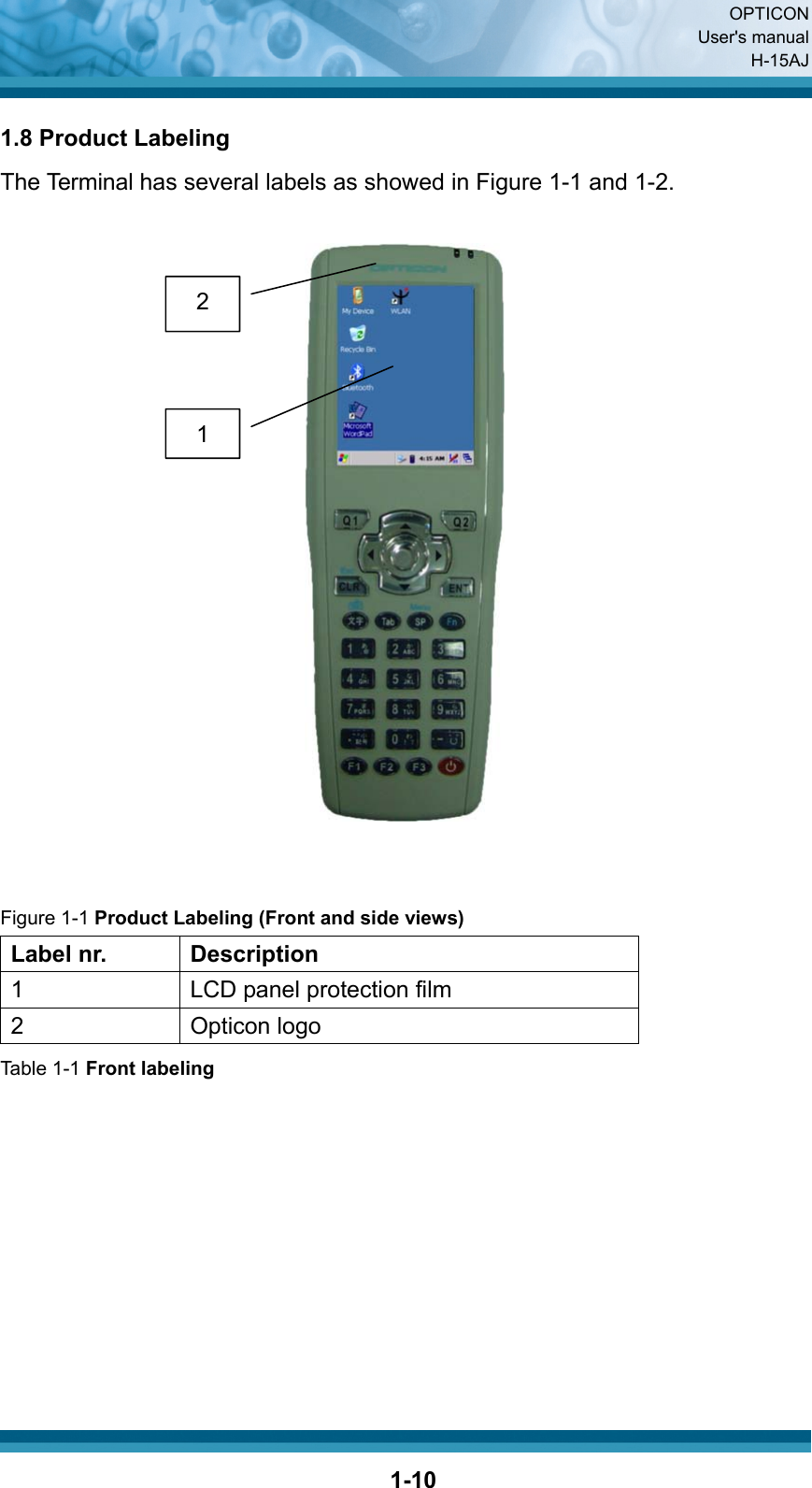  OPTICON User&apos;s manual H-15AJ  1-101.8 Product Labeling The Terminal has several labels as showed in Figure 1-1 and 1-2.     Figure 1-1 Product Labeling (Front and side views) Label nr.  Description 1  LCD panel protection film 2 Opticon logo Table 1-1 Front labeling          1 2 