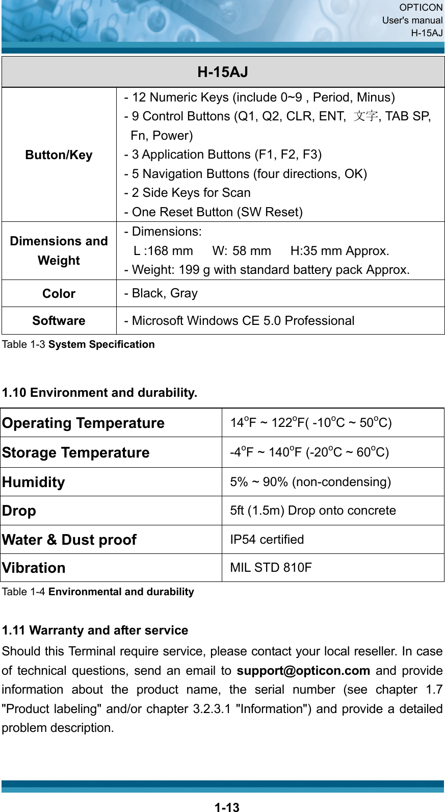  OPTICON User&apos;s manual H-15AJ  1-13H-15AJ Button/Key - 12 Numeric Keys (include 0~9 , Period, Minus) - 9 Control Buttons (Q1, Q2, CLR, ENT,  文字, TAB SP, Fn, Power) - 3 Application Buttons (F1, F2, F3) - 5 Navigation Buttons (four directions, OK) - 2 Side Keys for Scan - One Reset Button (SW Reset) Dimensions and Weight - Dimensions:   L :168 mm   W: 58 mm   H:35 mm Approx. - Weight: 199 g with standard battery pack Approx. Color  - Black, Gray Software  - Microsoft Windows CE 5.0 Professional Table 1-3 System Specification   1.10 Environment and durability. Operating Temperature  14oF ~ 122oF( -10oC ~ 50oC) Storage Temperature  -4oF ~ 140oF (-20oC ~ 60oC) Humidity  5% ~ 90% (non-condensing) Drop  5ft (1.5m) Drop onto concrete Water &amp; Dust proof  IP54 certified Vibration  MIL STD 810F Table 1-4 Environmental and durability  1.11 Warranty and after service   Should this Terminal require service, please contact your local reseller. In case of technical questions, send an email to support@opticon.com and provide information about the product name, the serial number (see chapter 1.7 &quot;Product labeling&quot; and/or chapter 3.2.3.1 &quot;Information&quot;) and provide a detailed problem description.   