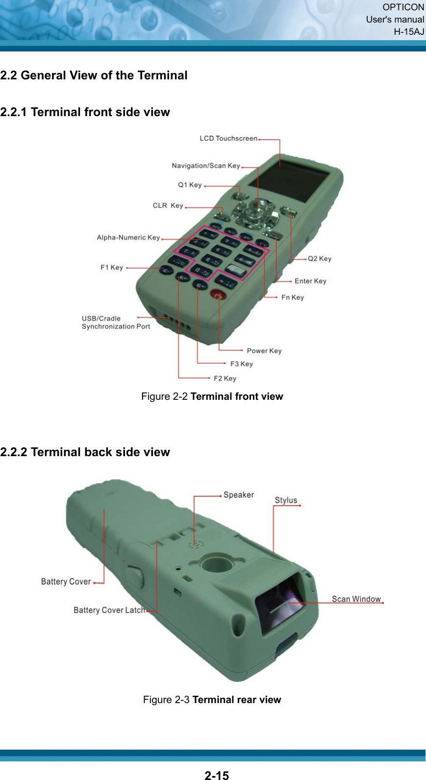  OPTICON User&apos;s manual H-15AJ  2-15 2.2 General View of the Terminal  2.2.1 Terminal front side view  Figure 2-2 Terminal front view   2.2.2 Terminal back side view  Figure 2-3 Terminal rear view  