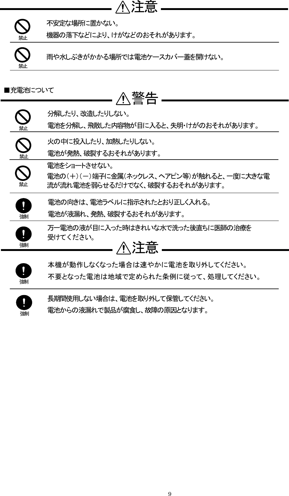        注意  禁止   禁止 不安定な場所に置かない。 機器の落下などにより、けがなどのおそれがあります。雨や水しぶきがかかる場所では電池ケースカバー蓋を開けない。  ■充電池について  警告    禁止 分解したり、改造したりしない。 電池を分解し、飛散した内容物が目に入ると、失明・けがのおそれがあります。                  強制 電池の向きは、電池ラベルに指示されたとおり正しく入れる。 電池が液漏れ、発熱、破裂するおそれがあります。万一電池の液が目に入った時はきれいな水で洗った後直ちに医師の治療を 受けてください。 注意 強制  強制  強制 電池からの液漏れで製品が腐食し、故障の原因となります。本機が動作しなくなった場合は速やかに電池を取り外してください。 不要となった電池は地域で定められた条例に従って、処理してください。 長期間使用しない場合は、電池を取り外して保管してください。   禁止   禁止 電池をショートさせない。 電池の（＋）（－）端子に金属（ネックレス、ヘアピン等）が触れると、一度に大きな電流が流れ電池を弱らせるだけでなく、破裂するおそれがあります。 火の中に投入したり、加熱したりしない。 電池が発熱、破裂するおそれがあります。   9