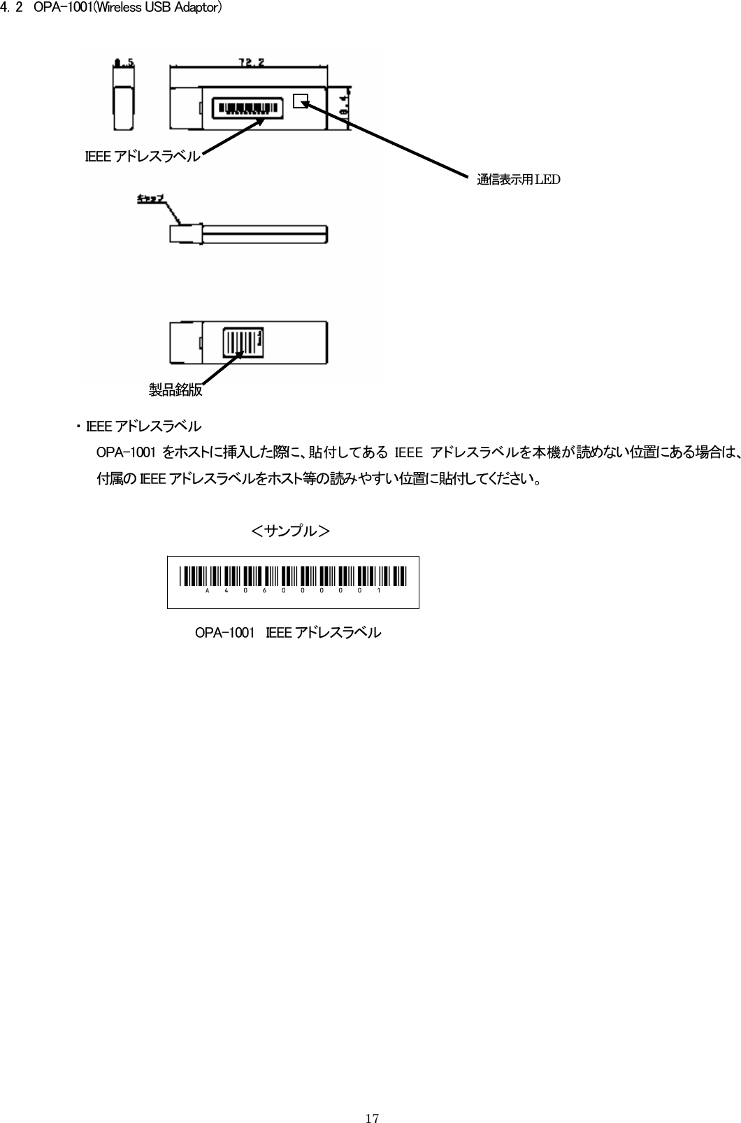 4．2    OPA-1001(Wireless USB Adaptor)              IEEE アドレスラベル通信表示用 LED 製品銘版 ・ IEEE アドレスラベル OPA-1001 をホストに挿入した際に、貼付してある IEEE  アドレスラベルを本機が読めない位置にある場合は、付属の IEEE アドレスラベルをホスト等の読みやすい位置に貼付してください。    ＜サンプル＞  _A406000001_             OPA-1001   IEEE アドレスラベル                     17