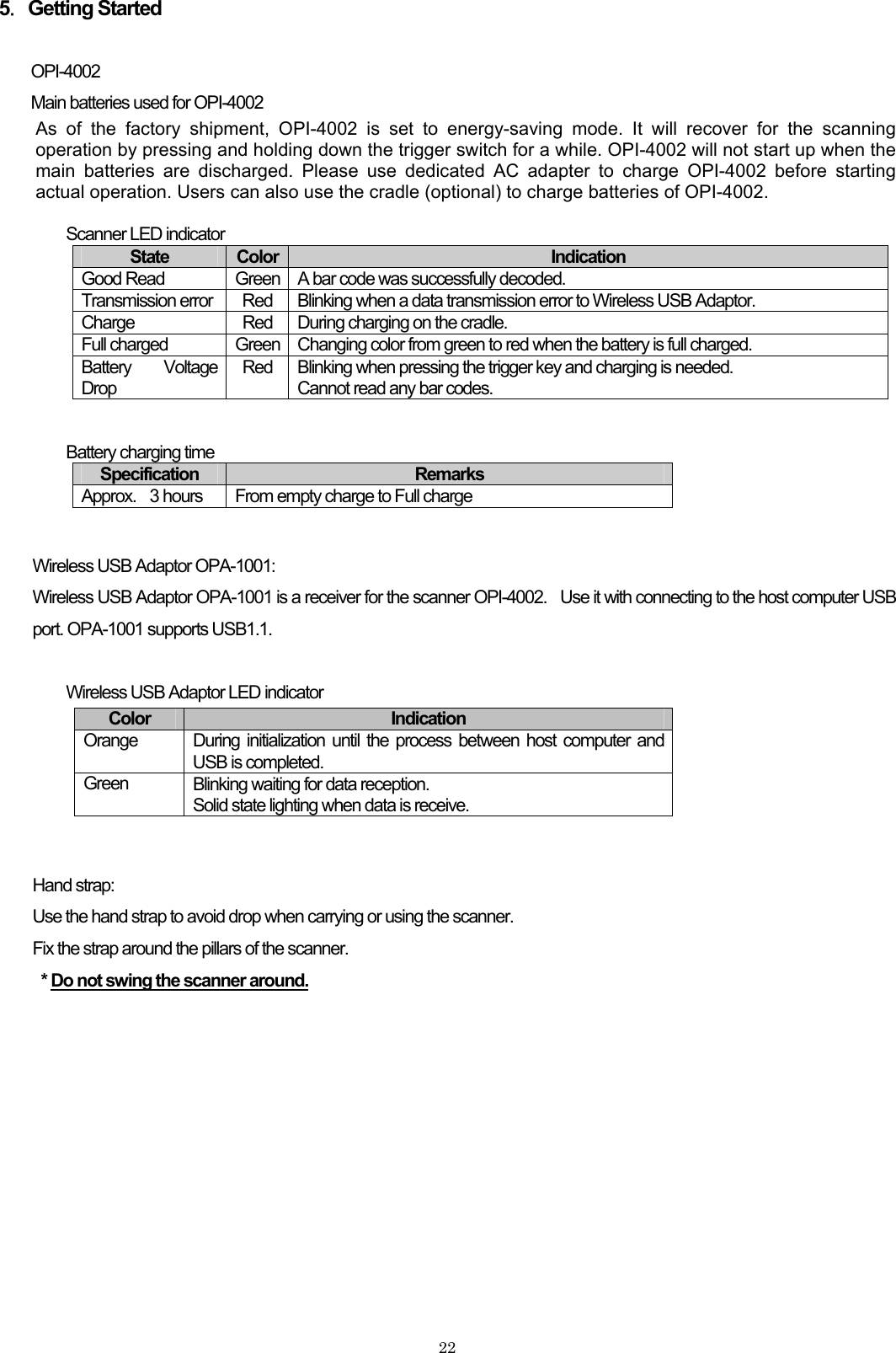 5．Getting Started  OPI-4002  Main batteries used for OPI-4002 As of the factory shipment, OPI-4002 is set to energy-saving mode. It will recover for the scanning operation by pressing and holding down the trigger switch for a while. OPI-4002 will not start up when the main batteries are discharged. Please use dedicated AC adapter to charge OPI-4002 before starting actual operation. Users can also use the cradle (optional) to charge batteries of OPI-4002.  Scanner LED indicator State  Color  Indication Good Read    Green    A bar code was successfully decoded. Transmission error    Red  Blinking when a data transmission error to Wireless USB Adaptor. Charge  Red  During charging on the cradle. Full charged  Green  Changing color from green to red when the battery is full charged. Battery Voltage Drop Red  Blinking when pressing the trigger key and charging is needed. Cannot read any bar codes.    Battery charging time Specification  Remarks Approx.    3 hours  From empty charge to Full charge   Wireless USB Adaptor OPA-1001: Wireless USB Adaptor OPA-1001 is a receiver for the scanner OPI-4002.    Use it with connecting to the host computer USB port. OPA-1001 supports USB1.1.  Wireless USB Adaptor LED indicator   Color Indication Orange  During initialization until the process between host computer and USB is completed. Green  Blinking waiting for data reception. Solid state lighting when data is receive.     Hand strap: Use the hand strap to avoid drop when carrying or using the scanner. Fix the strap around the pillars of the scanner. * Do not swing the scanner around.       22