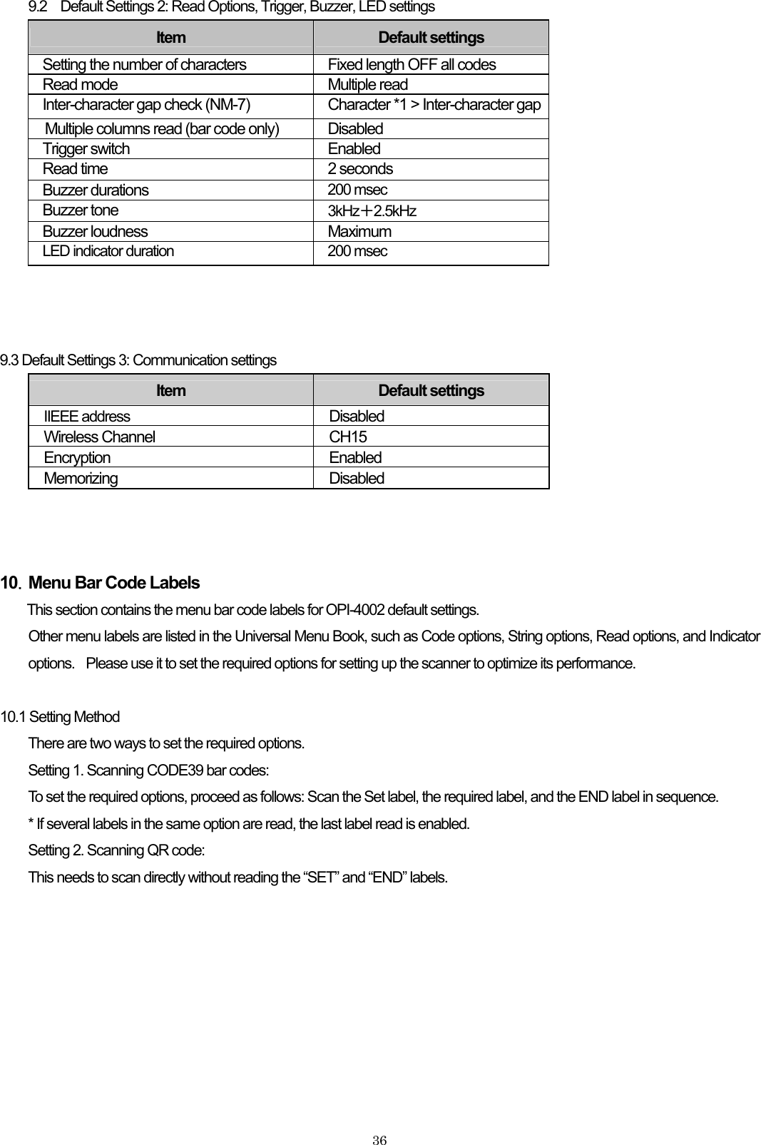 9.2 Default Settings 2: Read Options, Trigger, Buzzer, LED settings Item Default settings Setting the number of characters Fixed length OFF all codes Read mode Multiple read Inter-character gap check (NM-7) Character *1 &gt; Inter-character gapMultiple columns read (bar code only) Disabled Trigger switch Enabled Read time 2 seconds Buzzer durations 200 msec Buzzer tone 3kHz＋2.5kHz Buzzer loudness Maximum LED indicator duration  200 msec    9.3 Default Settings 3: Communication settings Item Default settings Disabled IIEEE address Wireless Channel CH15 Encryption Enabled Memorizing Disabled    10．Menu Bar Code Labels This section contains the menu bar code labels for OPI-4002 default settings. Other menu labels are listed in the Universal Menu Book, such as Code options, String options, Read options, and Indicator options.    Please use it to set the required options for setting up the scanner to optimize its performance.  10.1 Setting Method     There are two ways to set the required options. Setting 1. Scanning CODE39 bar codes:   To set the required options, proceed as follows: Scan the Set label, the required label, and the END label in sequence. * If several labels in the same option are read, the last label read is enabled. Setting 2. Scanning QR code: This needs to scan directly without reading the “SET” and “END” labels.   36