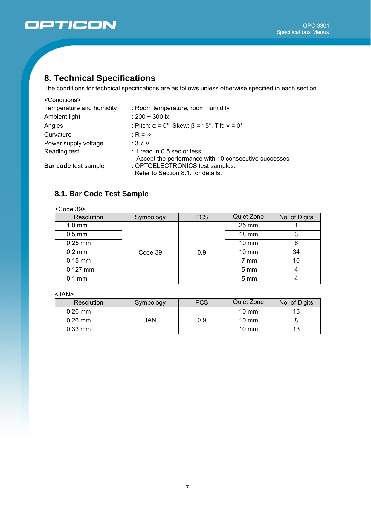 OPC-3301i Specifications Manual     7   8. Technical Specifications The conditions for technical specifications are as follows unless otherwise specified in each section.  &lt;Conditions&gt; Temperature and humidity  : Room temperature, room humidity Ambient light  : 200 ~ 300 lx  Angles : Pitch: α = 0°, Skew: β = 15°, Tilt: γ = 0° Curvature  : R = ∞ Power supply voltage  : 3.7 V Reading test  : 1 read in 0.5 sec or less.   Accept the performance with 10 consecutive successes Bar code test sample   : OPTOELECTRONICS test samples.  Refer to Section 8.1. for details.   8.1. Bar Code Test Sample  &lt;Code 39&gt; Resolution  Symbology  PCS  Quiet Zone  ()No. of Digits 1.0 mm  25 mm  1 0.5 mm  18 mm  3 0.25 mm  10 mm  8 0.2 mm  10 mm  34 0.15 mm   7 mm  10 0.127 mm   5 mm  4 0.1 mm Code 39  0.9  5 mm  4  &lt;JAN&gt; Resolution  Symbology  PCS  Quiet Zone  ()No. of Digits 0.26 mm  10 mm  13 0.26 mm  10 mm  8 0.33 mm JAN 0.9 10 mm  13   