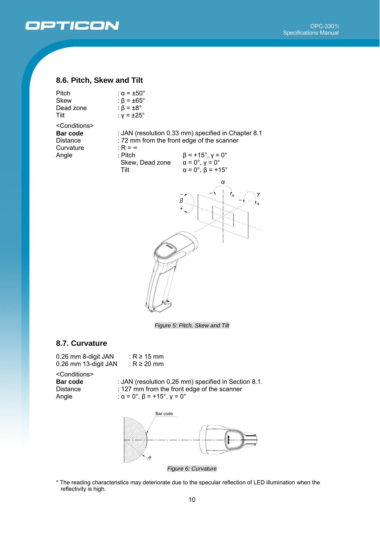 OPC-3301i Specifications Manual     10   8.6. Pitch, Skew and Tilt  Pitch : α = ±50° Skew : β = ±65° Dead zone  : β = ±8° Tilt : γ = ±25°  &lt;Conditions&gt; Bar code   : JAN (resolution 0.33 mm) specified in Chapter 8.1  Distance  : 72 mm from the front edge of the scanner Curvature  : R = ∞ Angle : Pitch  β = +15°, γ = 0°   Skew, Dead zone  α = 0°, γ = 0°  Tilt α = 0°, β = +15°  αβγ+++---  Figure 5: Pitch, Skew and Tilt  8.7. Curvature  0.26 mm 8-digit JAN  : R ≥ 15 mm 0.26 mm 13-digit JAN  : R ≥ 20 mm  &lt;Conditions&gt;  Bar code : JAN (resolution 0.26 mm) specified in Section 8.1. Distance  : 127 mm from the front edge of the scanner Angle : α = 0°, β = +15°, γ = 0°  RBar code Figure 6: Curvature   * The reading characteristics may deteriorate due to the specular reflection of LED illumination when the reflectivity is high. 