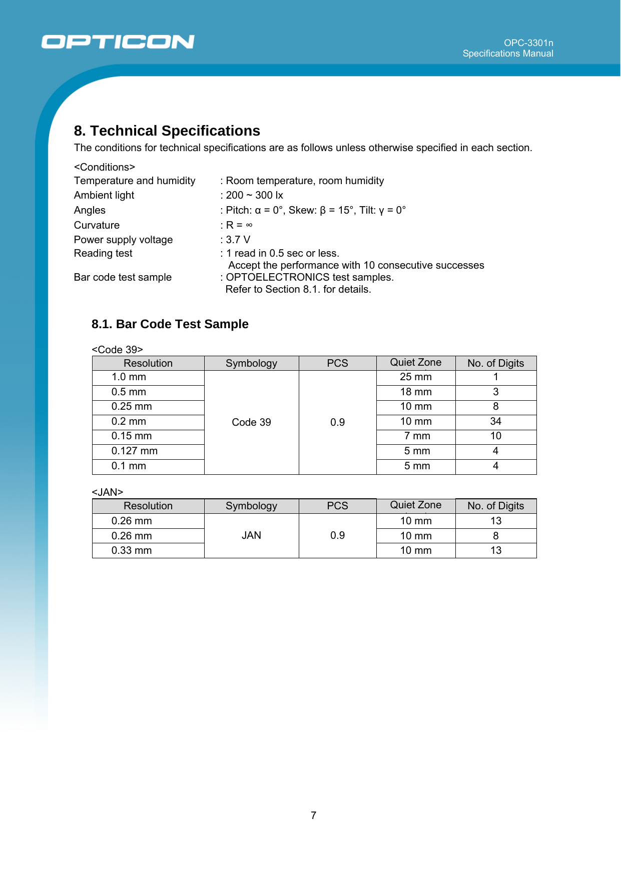 OPC-3301n Specifications Manual     7   8. Technical Specifications The conditions for technical specifications are as follows unless otherwise specified in each section.  &lt;Conditions&gt; Temperature and humidity  : Room temperature, room humidity Ambient light  : 200 ~ 300 lx  Angles : Pitch: α = 0°, Skew: β = 15°, Tilt: γ = 0° Curvature  : R = ∞ Power supply voltage  : 3.7 V Reading test  : 1 read in 0.5 sec or less.   Accept the performance with 10 consecutive successes Bar code test sample   : OPTOELECTRONICS test samples.  Refer to Section 8.1. for details.   8.1. Bar Code Test Sample  &lt;Code 39&gt; Resolution  Symbology  PCS  Quiet Zone  ()No. of Digits 1.0 mm  25 mm  1 0.5 mm  18 mm  3 0.25 mm  10 mm  8 0.2 mm  10 mm  34 0.15 mm   7 mm  10 0.127 mm   5 mm  4 0.1 mm Code 39  0.9  5 mm  4  &lt;JAN&gt; Resolution  Symbology  PCS  Quiet Zone  ()No. of Digits 0.26 mm  10 mm  13 0.26 mm  10 mm  8 0.33 mm JAN 0.9 10 mm  13   