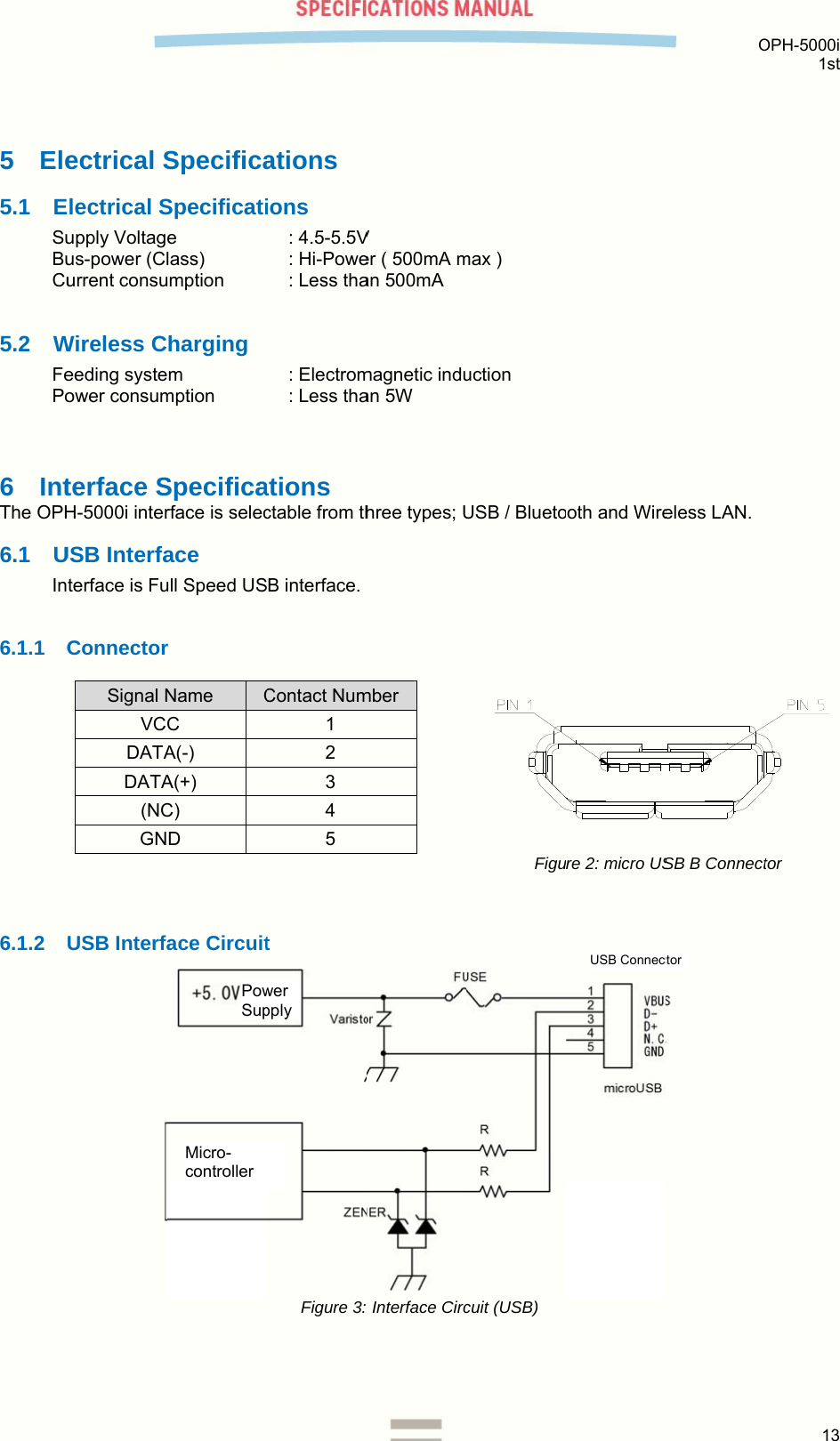 5 Ele5.1 ESuBuCu 5.2 WFePo 6 IntThe OPH6.1 UIn 6.1.1 C  6.1.2   ectrical Slectrical Supply Voltagus-power (Clurrent consuWireless Ceeding systeower consumterface SH-5000i interUSB Interfaterface is FuConnectorSignal NVCDATADATA(NCGNUSB InterfaSpecificaSpecificatie lass)umption harging m  mption Specificarface is selecace ull Speed USr Name CC A(-) A(+) C) D ace Circuit PowSupMicro-controller ations ions : 4.5-5.5V: Hi-Powe: Less tha: Electrom: Less thaations ctable from thB interface.Contact Num1 2 3 4 5 t Figure 3: wer pply  V er ( 500mA man 500mA magnetic induan 5W hree types; Umber : Interface Circmax ) uction USB / BluetoFigucuit (USB) ooth and Wirere 2: micro USUSB Connect Oeless LAN. SB B Connect ctor OPH-5000i 1st 13  tor 