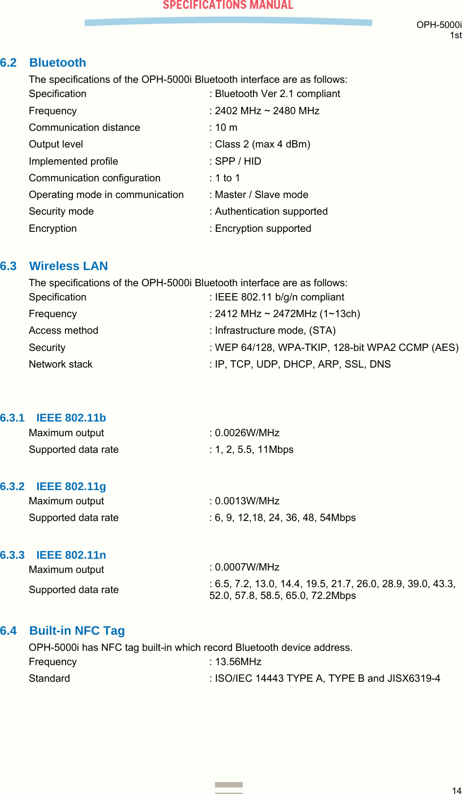  OPH-5000i 1st  14  6.2 Bluetooth The specifications of the OPH-5000i Bluetooth interface are as follows: Specification   : Bluetooth Ver 2.1 compliant Frequency  : 2402 MHz ~ 2480 MHz Communication distance  : 10 m Output level  : Class 2 (max 4 dBm) Implemented profile  : SPP / HID Communication configuration  : 1 to 1 Operating mode in communication  : Master / Slave mode Security mode  : Authentication supported Encryption  : Encryption supported   6.3 Wireless LAN The specifications of the OPH-5000i Bluetooth interface are as follows: Specification  : IEEE 802.11 b/g/n compliant Frequency  : 2412 MHz ~ 2472MHz (1~13ch) Access method  : Infrastructure mode, (STA) Security  : WEP 64/128, WPA-TKIP, 128-bit WPA2 CCMP (AES) Network stack  : IP, TCP, UDP, DHCP, ARP, SSL, DNS    6.3.1 IEEE 802.11b Maximum output  : 0.0026W/MHz Supported data rate  : 1, 2, 5.5, 11Mbps  6.3.2 IEEE 802.11g Maximum output  : 0.0013W/MHz Supported data rate  : 6, 9, 12,18, 24, 36, 48, 54Mbps  6.3.3 IEEE 802.11n Maximum output  : 0.0007W/MHz Supported data rate  : 6.5, 7.2, 13.0, 14.4, 19.5, 21.7, 26.0, 28.9, 39.0, 43.3, 52.0, 57.8, 58.5, 65.0, 72.2Mbps  6.4  Built-in NFC Tag OPH-5000i has NFC tag built-in which record Bluetooth device address. Frequency : 13.56MHz Standard   : ISO/IEC 14443 TYPE A, TYPE B and JISX6319-4 