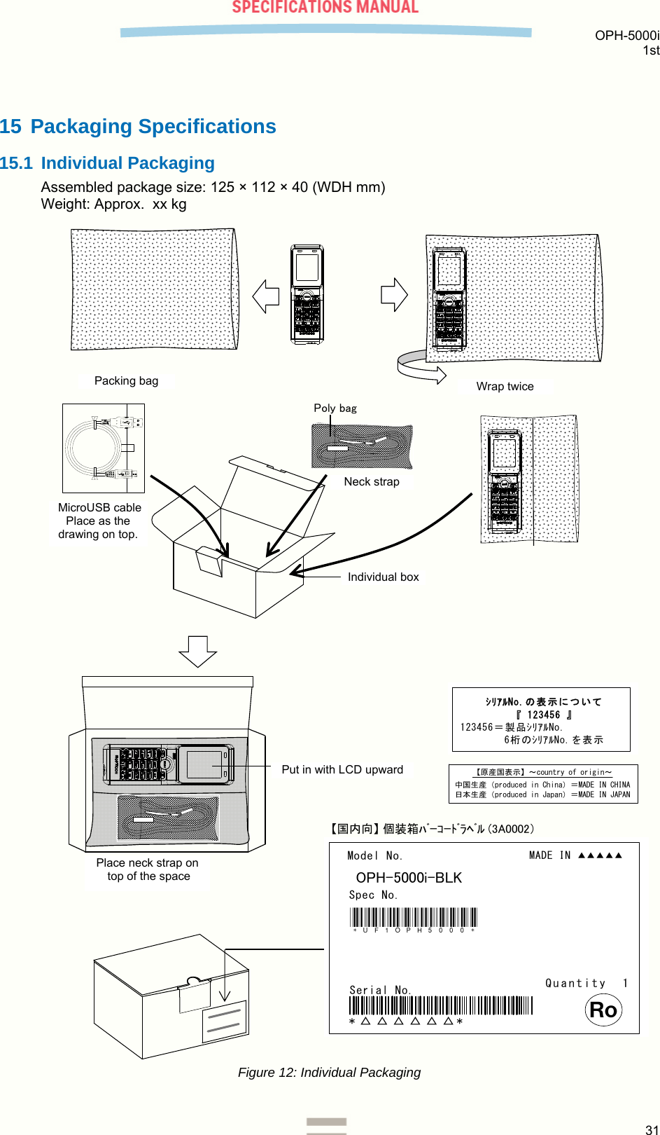  OPH-5000i 1st  31  15 Packaging Specifications 15.1 Individual Packaging Assembled package size: 125 × 112 × 40 (WDH mm) Weight: Approx.  xx kg  Figure 12: Individual Packaging MADE IN▲▲▲▲▲Model No.MODEL NEMESpec No.*ﾊﾞｰｺｰﾄﾞ**△△△△△△*Serial No. Quantity 1ＲｏOPH-5000i-BLKｼﾘｱﾙNo.の表示について『 123456 』123456＝製品ｼﾘｱﾙNo.6桁のｼﾘｱﾙNo.を表示【国内向】 個装箱ﾊﾞｰｺｰﾄﾞﾗﾍﾞﾙ (3A0002）【原産国表示】～country of origin～中国生産（produced in China）＝MADE IN CHINA日本生産（produced in Japan）＝MADE IN JAPAN*UF1OPH5000*Poly bag2回、巻き付ける梱包袋：MicroUSBｹｰﾌﾞﾙイラストの向きで一番上に入れるﾈｯｸｽﾄﾗｯﾌﾟLDCを上にして入れる個装箱余った梱包袋の上にネックストラップを入れるWrap twice Packing bag  MicroUSB cable  Place as the drawing on top. Neck strap Individual boxPut in with LCD upwardPlace neck strap on  top of the space 