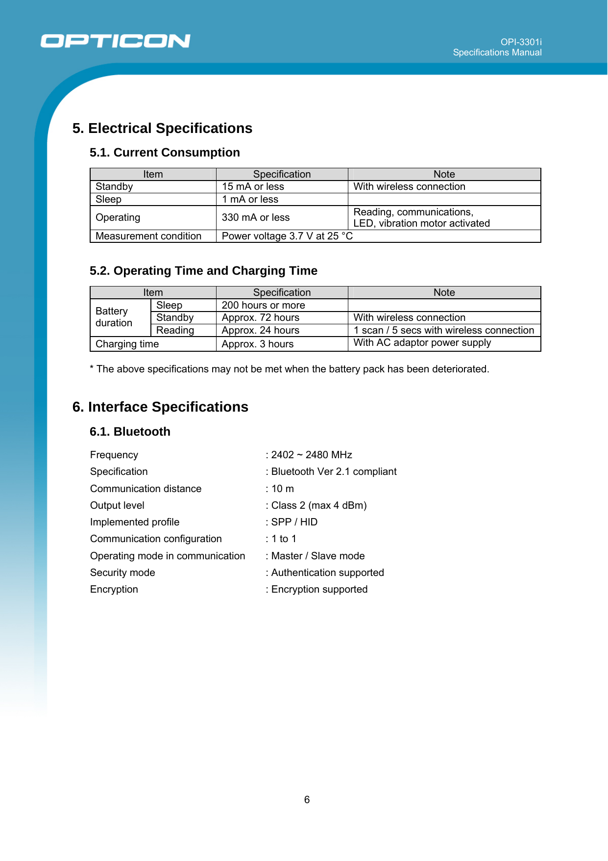 OPI-3301i Specifications Manual     6   5. Electrical Specifications 5.1. Current Consumption  Item  Specification  Note Standby  15 mA or less  With wireless connection Sleep  1 mA or less   Operating  330 mA or less  Reading, communications,  LED, vibration motor activated Measurement condition  Power voltage 3.7 V at 25 °C  5.2. Operating Time and Charging Time  Item  Specification  Note Sleep  200 hours or more   Standby  Approx. 72 hours   With wireless connection Battery duration  Reading  Approx. 24 hours  1 scan / 5 secs with wireless connectionCharging time   Approx. 3 hours  With AC adaptor power supply  * The above specifications may not be met when the battery pack has been deteriorated.    6. Interface Specifications 6.1. Bluetooth  Frequency  : 2402 ~ 2480 MHz Specification   : Bluetooth Ver 2.1 compliant Communication distance  : 10 m Output level  : Class 2 (max 4 dBm) Implemented profile  : SPP / HID Communication configuration  : 1 to 1 Operating mode in communication  : Master / Slave mode Security mode  : Authentication supported Encryption  : Encryption supported     