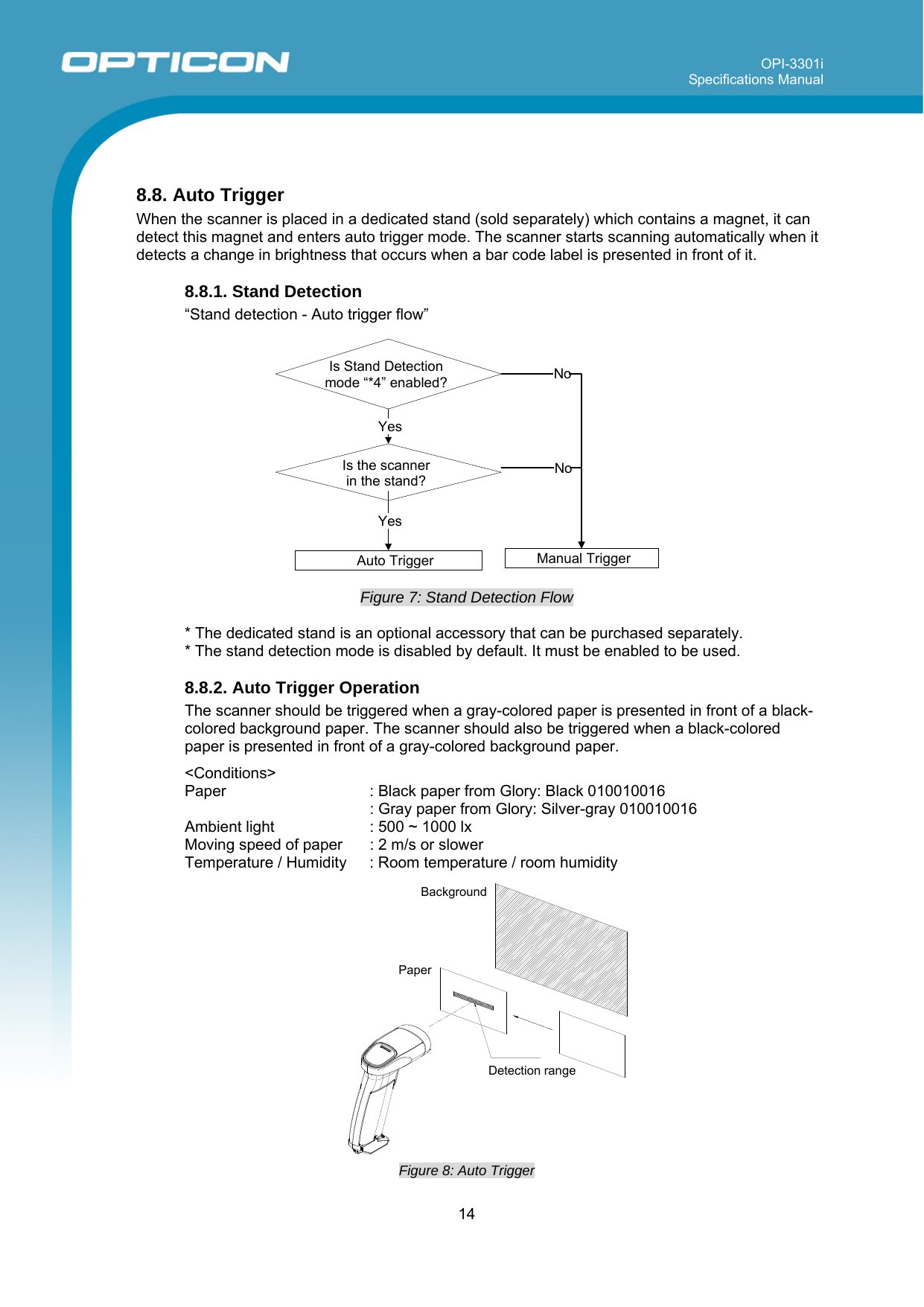 OPI-3301i Specifications Manual     14   8.8. Auto Trigger When the scanner is placed in a dedicated stand (sold separately) which contains a magnet, it can detect this magnet and enters auto trigger mode. The scanner starts scanning automatically when it detects a change in brightness that occurs when a bar code label is presented in front of it.    8.8.1. Stand Detection  “Stand detection - Auto trigger flow”    Figure 7: Stand Detection Flow  * The dedicated stand is an optional accessory that can be purchased separately. * The stand detection mode is disabled by default. It must be enabled to be used.  8.8.2. Auto Trigger Operation The scanner should be triggered when a gray-colored paper is presented in front of a black-colored background paper. The scanner should also be triggered when a black-colored paper is presented in front of a gray-colored background paper.   &lt;Conditions&gt; Paper   : Black paper from Glory: Black 010010016   : Gray paper from Glory: Silver-gray 010010016 Ambient light  : 500 ~ 1000 lx  Moving speed of paper  : 2 m/s or slower Temperature / Humidity  : Room temperature / room humidity  Figure 8: Auto Trigger Is Stand Detection mode “*4” enabled?Auto TriggerYes YesNoManual TriggerNoIs the scanner  in the stand? PaperBackground Detection range