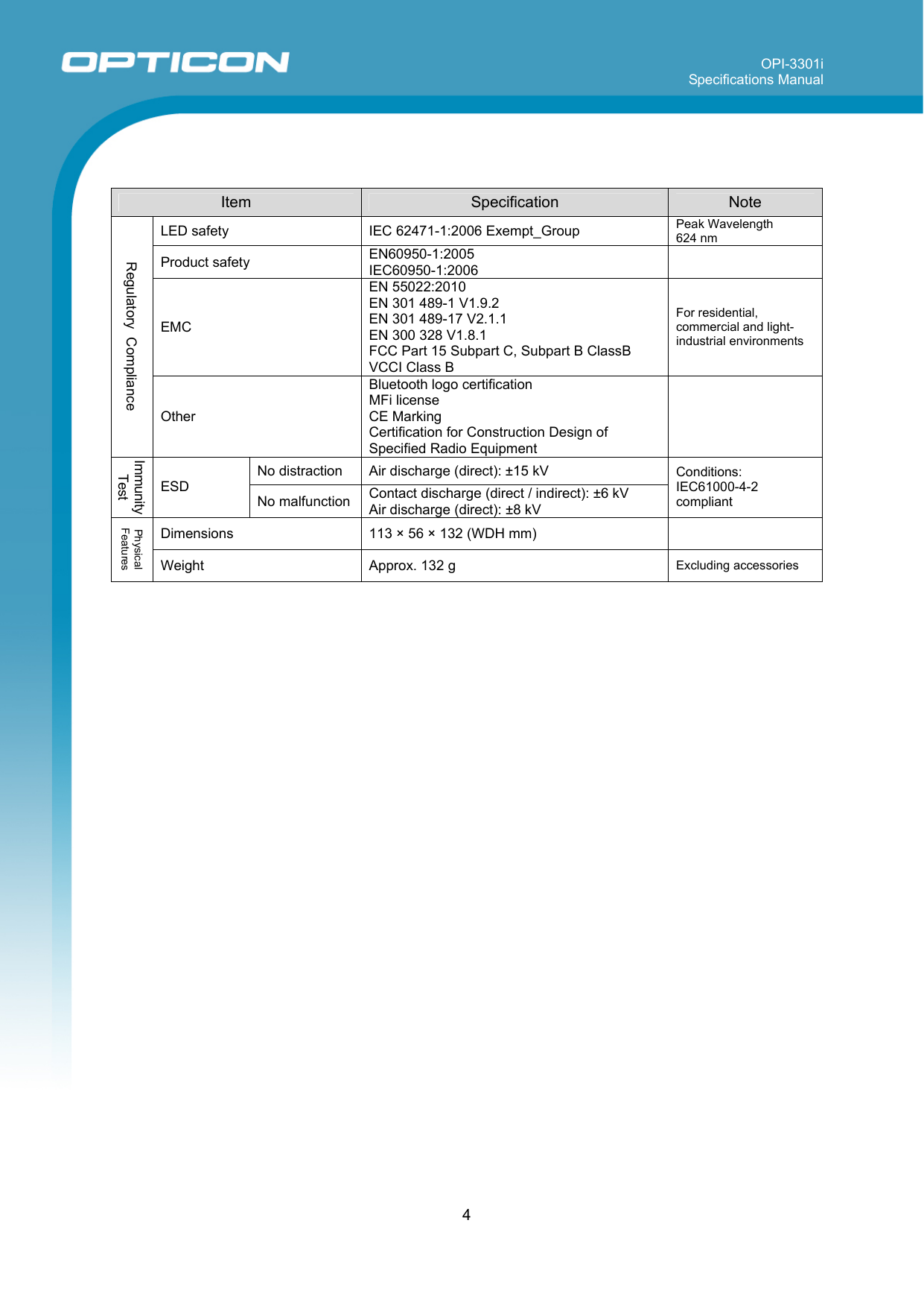 OPI-3301i Specifications Manual     4    Item  Specification  Note LED safety  IEC 62471-1:2006 Exempt_Group  Peak Wavelength 624 nm Product safety  EN60950-1:2005 IEC60950-1:2006   EMC EN 55022:2010 EN 301 489-1 V1.9.2 EN 301 489-17 V2.1.1 EN 300 328 V1.8.1 FCC Part 15 Subpart C, Subpart B ClassB VCCI Class B For residential, commercial and light-industrial environments Regulatory  Compliance Other Bluetooth logo certification  MFi license CE Marking  Certification for Construction Design of Specified Radio Equipment  No distraction  Air discharge (direct): ±15 kV Immunity Test ESD No malfunction  Contact discharge (direct / indirect): ±6 kV Air discharge (direct): ±8 kV Conditions: IEC61000-4-2 compliant Dimensions  113 × 56 × 132 (WDH mm)   Physical Features Weight  Approx. 132 g  Excluding accessories  