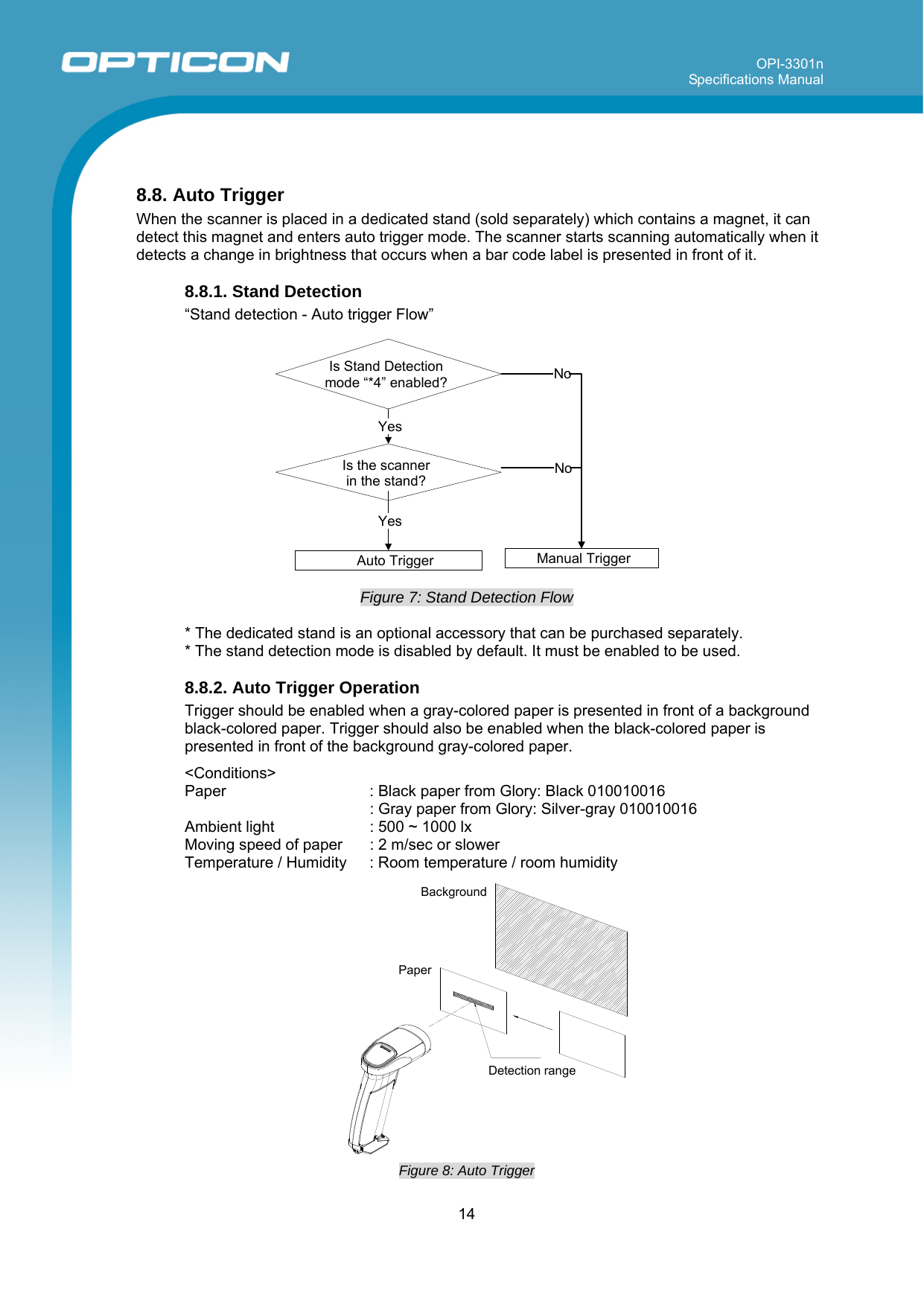 OPI-3301n Specifications Manual     14   8.8. Auto Trigger When the scanner is placed in a dedicated stand (sold separately) which contains a magnet, it can detect this magnet and enters auto trigger mode. The scanner starts scanning automatically when it detects a change in brightness that occurs when a bar code label is presented in front of it.    8.8.1. Stand Detection  “Stand detection - Auto trigger Flow”    Figure 7: Stand Detection Flow  * The dedicated stand is an optional accessory that can be purchased separately. * The stand detection mode is disabled by default. It must be enabled to be used.  8.8.2. Auto Trigger Operation Trigger should be enabled when a gray-colored paper is presented in front of a background black-colored paper. Trigger should also be enabled when the black-colored paper is presented in front of the background gray-colored paper.   &lt;Conditions&gt; Paper   : Black paper from Glory: Black 010010016   : Gray paper from Glory: Silver-gray 010010016 Ambient light  : 500 ~ 1000 lx  Moving speed of paper  : 2 m/sec or slower Temperature / Humidity  : Room temperature / room humidity  Figure 8: Auto Trigger PaperBackground Detection rangeIs Stand Detection mode “*4” enabled?Auto TriggerYes YesNoManual TriggerNoIs the scanner  in the stand? 
