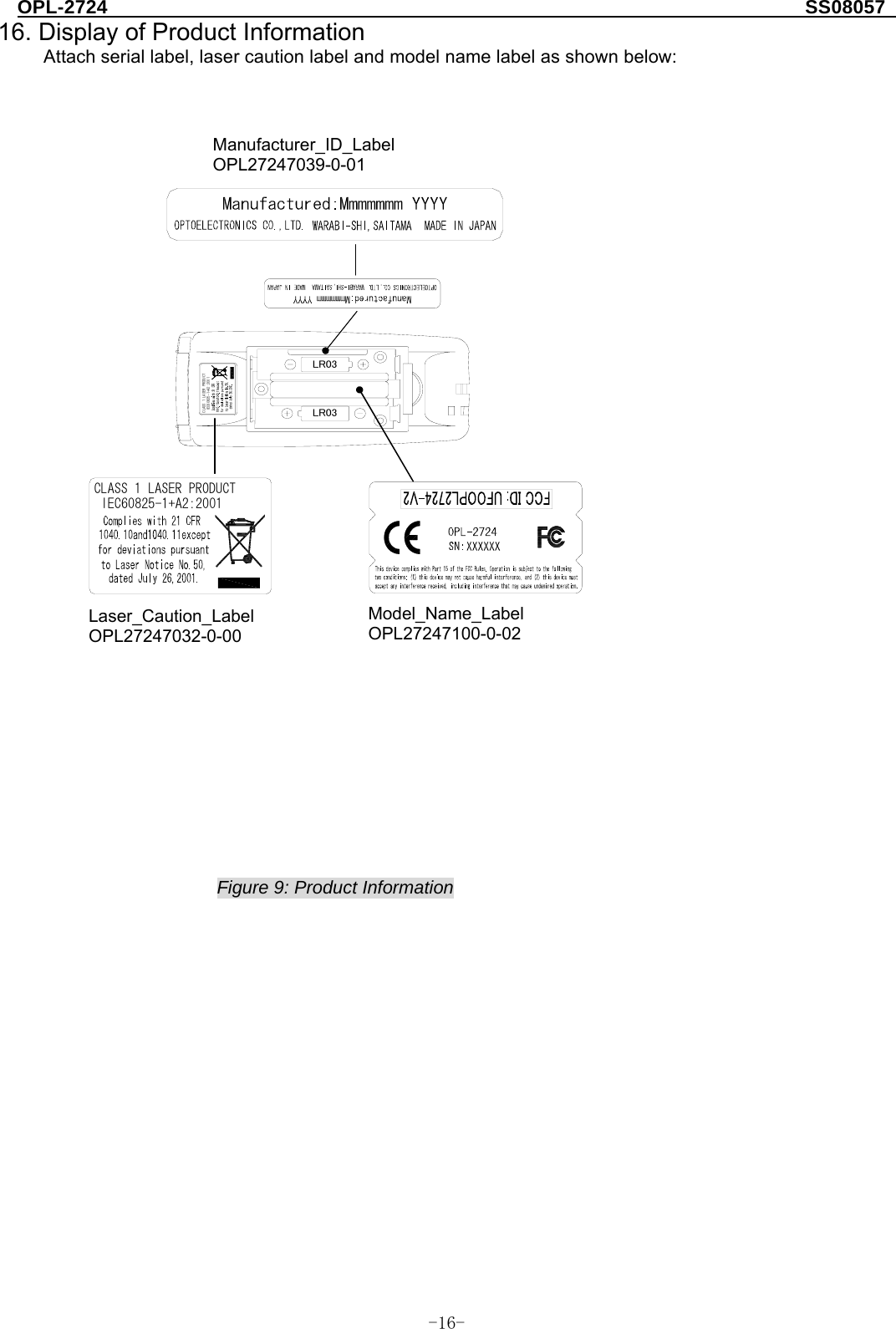 OPL-2724                                                                     SS08057  -  - 1616. Display of Product Information Attach serial label, laser caution label and model name label as shown below:        Figure 9: Product Information                    Manufacturer_ID_Label OPL27247039-0-01 Model_Name_Label OPL27247100-0-02 CLASS 1 LASER PRODUCTIEC60825-1+A2:2001LR03LR03CLASS 1 LASER PRODUCTIEC60825-1+A2:2001Laser_Caution_Label OPL27247032-0-00 