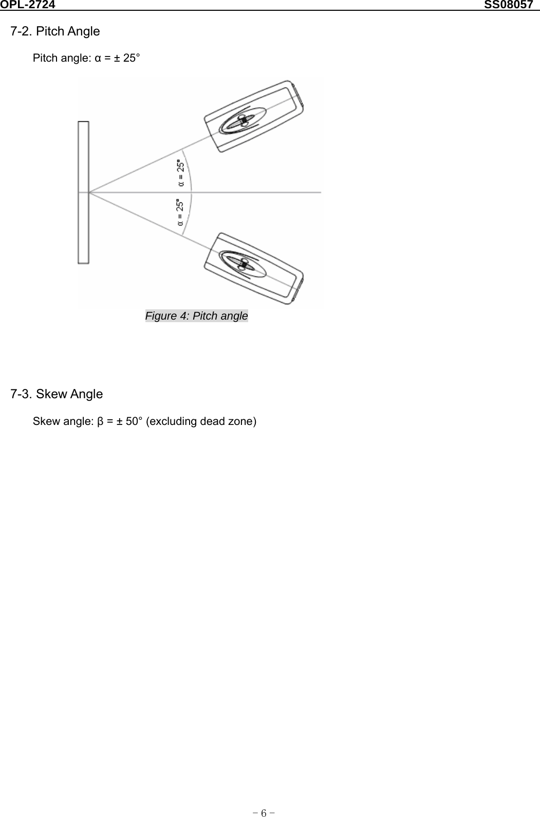 OPL-2724                                                                     SS08057  -  - 6 7-2. Pitch Angle  Pitch angle: α = ± 25°   Figure 4: Pitch angle      7-3. Skew Angle  Skew angle: β = ± 50° (excluding dead zone)                                