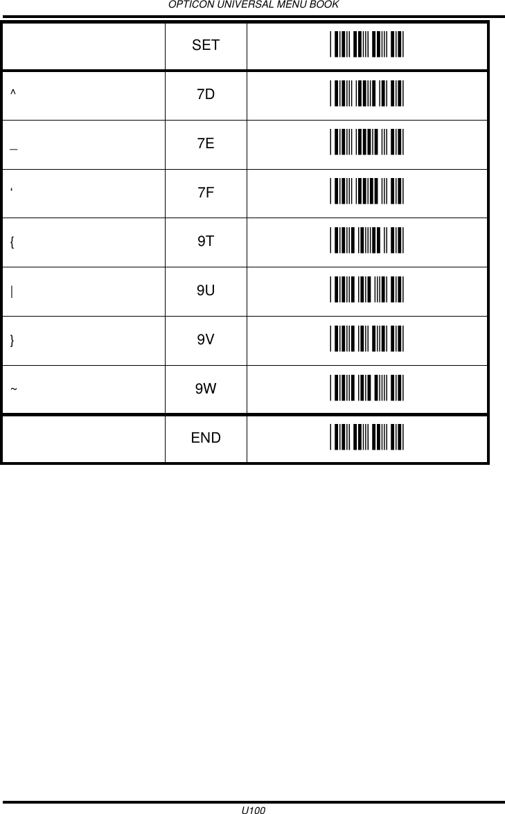 OPTICON UNIVERSAL MENU BOOKU100^7D _7D__7E _7E_‘7F _7F_{9T _9T_|9U _9U_}9V _9V_~9W _9W_SET _ZZ_END _ZZ_