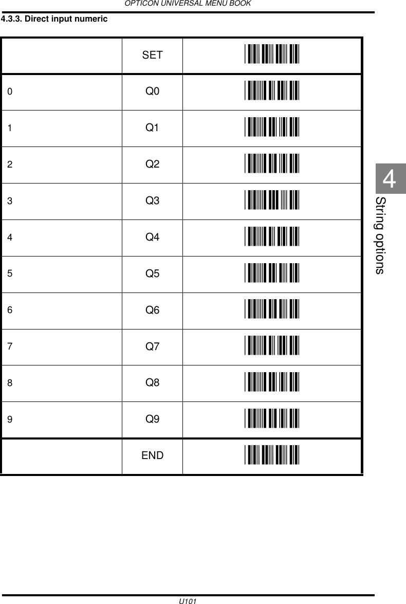 OPTICON UNIVERSAL MENU BOOKU101String options44.3.3. Direct input numeric  SET _ZZ_0Q0 _Q0_1Q1 _Q1_2Q2 _Q2_3Q3 _Q3_4Q4 _Q4_5Q5 _Q5_6Q6 _Q6_7Q7 _Q7_8Q8 _Q8_9Q9 _Q9_END _ZZ_