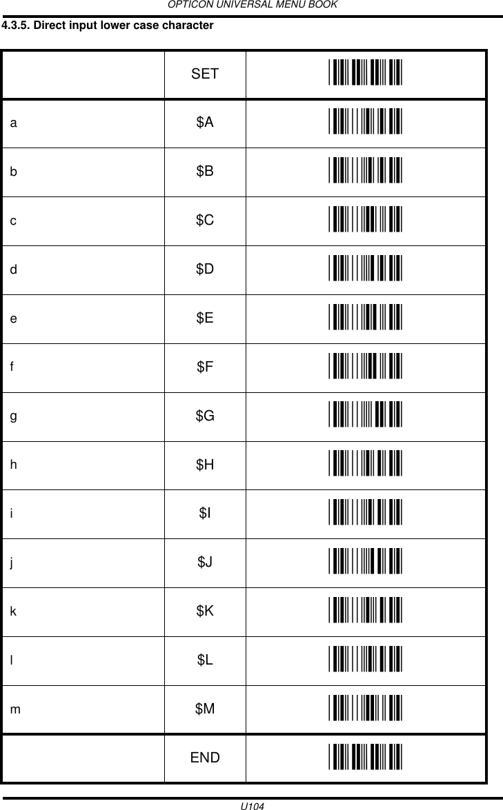 OPTICON UNIVERSAL MENU BOOKU1044.3.5. Direct input lower case character  SET _ZZ_a$A _$A_b$B _$B_c$C _$C_d$D _$D_e$E _$E_f$F _$F_g$G _$G_h$H _$H_i$I _$I_j$J _$J_k$K _$K_l$L _$L_m$M _$M_END _ZZ_