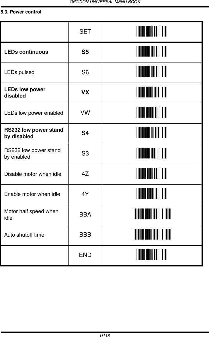 OPTICON UNIVERSAL MENU BOOKU1185.3. Power control  SET _ZZ_LEDs continuous S5 _S5_LEDs pulsed S6 _S6_LEDs low power disabled VX _VX_LEDs low power enabled VW _VW_RS232 low power stand by disabled S4 _S4_RS232 low power stand by enabled S3 _S3_Disable motor when idle 4Z _4Z_Enable motor when idle 4Y _4Y_Motor half speed when idle BBA _BBA_Auto shutoff time BBB _BBB_END _ZZ_