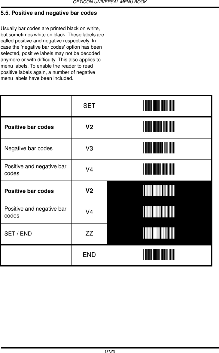 OPTICON UNIVERSAL MENU BOOKU1205.5. Positive and negative bar codesUsually bar codes are printed black on white, but sometimes white on black. These labels are called positive and negative respectively. In case the &apos;negative bar codes&apos; option has been selected, positive labels may not be decoded anymore or with difficulty. This also applies to menu labels. To enable the reader to read positive labels again, a number of negative menu labels have been included.   SET _ZZ_Positive bar codes V2 _V2_Negative bar codes V3 _V3_Positive and negative bar codes V4 _V4_Positive bar codes V2 _V2_Positive and negative bar codes V4 _V4_SET / END ZZ _ZZ_END _ZZ_