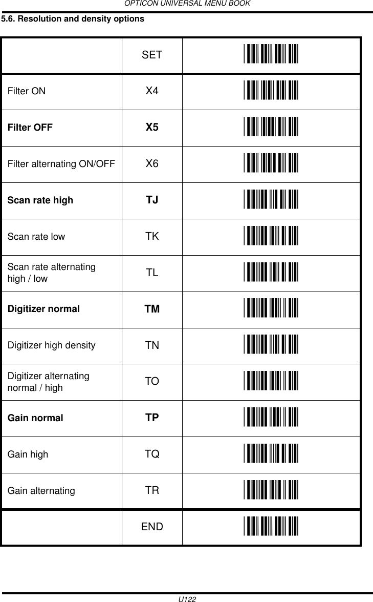 OPTICON UNIVERSAL MENU BOOKU1225.6. Resolution and density options  SET _ZZ_Filter ON X4 _X4_Filter OFF X5 _X5_Filter alternating ON/OFF X6 _X6_Scan rate high TJ _TJ_Scan rate low TK _TK_Scan rate alternating high / low TL _TL_Digitizer normal TM _TM_Digitizer high density TN _TN_Digitizer alternating normal / high TO _TO_Gain normal TP _TP_Gain high TQ _TQ_Gain alternating TR _TR_END _ZZ_