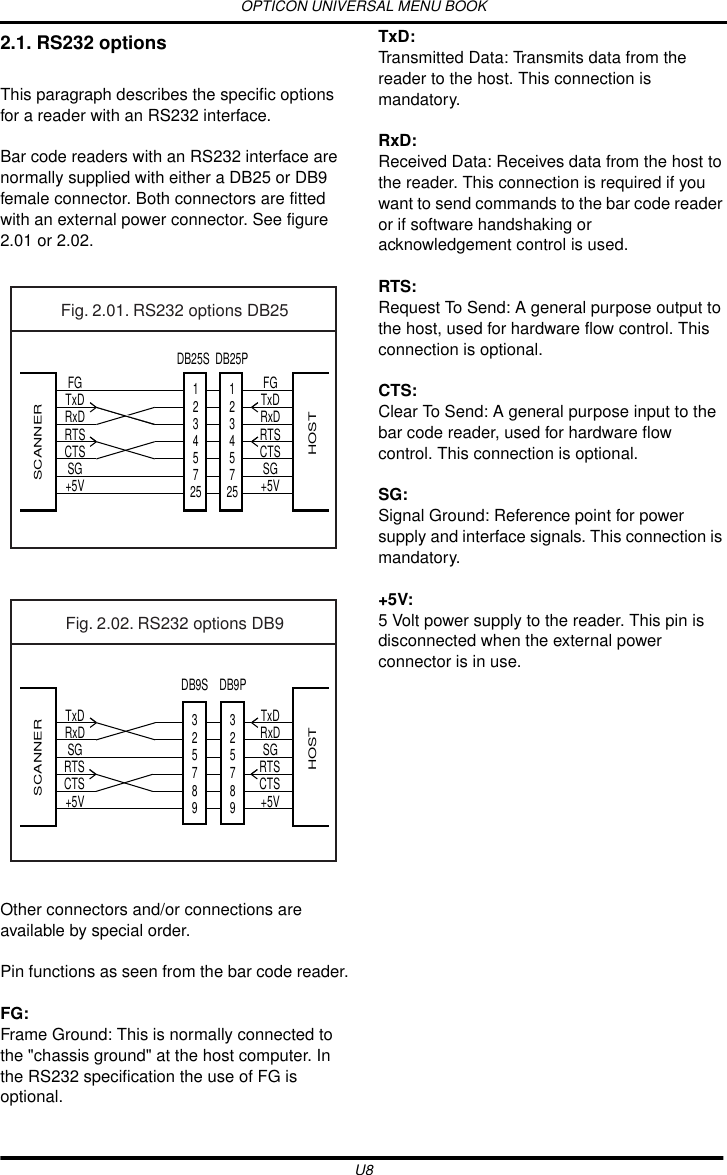 OPTICON UNIVERSAL MENU BOOKU82.1. RS232 optionsThis paragraph describes the specific options for a reader with an RS232 interface.Bar code readers with an RS232 interface are normally supplied with either a DB25 or DB9 female connector. Both connectors are fitted with an external power connector. See figure 2.01 or 2.02.Other connectors and/or connections are available by special order.Pin functions as seen from the bar code reader.FG:Frame Ground: This is normally connected to the &quot;chassis ground&quot; at the host computer. In the RS232 specification the use of FG is optional.TxD:Transmitted Data: Transmits data from the reader to the host. This connection is mandatory.RxD:Received Data: Receives data from the host to the reader. This connection is required if you want to send commands to the bar code reader or if software handshaking or acknowledgement control is used.RTS:Request To Send: A general purpose output to the host, used for hardware flow control. This connection is optional.CTS:Clear To Send: A general purpose input to the bar code reader, used for hardware flow control. This connection is optional.SG:Signal Ground: Reference point for power supply and interface signals. This connection is mandatory.+5V:5 Volt power supply to the reader. This pin is disconnected when the external power connector is in use.FGTxDRxDRTSCTSSG+5VFGTxDRxDRTSCTSSG+5V12345725SCANNERHOSTDB25S12345725DB25PFig. 2.01. RS232 options DB25TxDRxDSG+5VTxDRxDSG+5V325798SCANNERHOSTDB9SRTSCTS RTSCTS325798DB9PFig. 2.02. RS232 options DB9