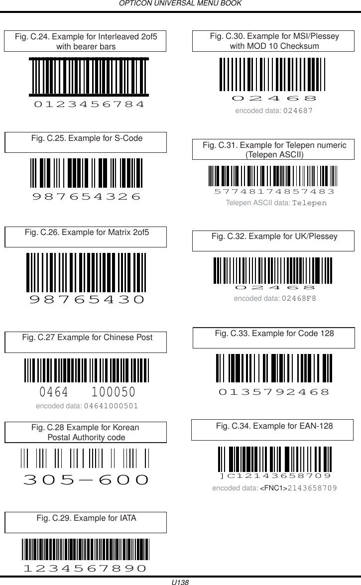 OPTICON UNIVERSAL MENU BOOKU138Fig. C.24. Example for Interleaved 2of5with bearer bars0123456784Fig. C.25. Example for S-Code987654326Fig. C.26. Example for Matrix 2of598765430Fig. C.27 Example for Chinese Postencoded data: 046410005010464   100050Fig. C.28 Example for Korean Postal Authority code305-600Fig. C.29. Example for IATA1234567890Fig. C.30. Example for MSI/Plesseywith MOD 10 Checksum02468encoded data: 024687Fig. C.31. Example for Telepen numeric(Telepen ASCII)57748174857483Telepen ASCII data: TelepenFig. C.32. Example for UK/Plessey02468encoded data: 02468F8Fig. C.33. Example for Code 1280135792468Fig. C.34. Example for EAN-128]C12143658709encoded data: &lt;FNC1&gt;2143658709