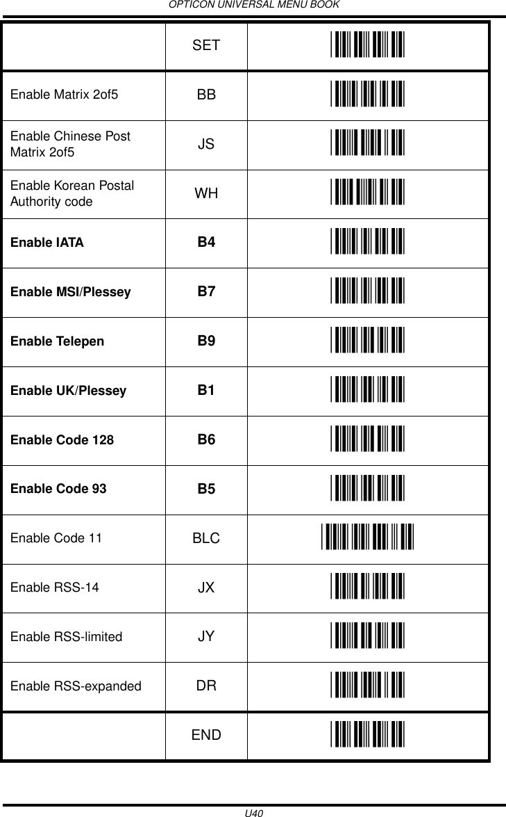 OPTICON UNIVERSAL MENU BOOKU40Enable Matrix 2of5 BB _BB_Enable Chinese Post Matrix 2of5 JS _JS_Enable Korean Postal Authority code WH _WH_Enable IATA B4 _B4_Enable MSI/Plessey B7 _B7_Enable Telepen B9 _B9_Enable UK/Plessey B1 _B1_Enable Code 128 B6 _B6_Enable Code 93 B5 _B5_Enable Code 11 BLC _BLC_Enable RSS-14 JX _JX_Enable RSS-limited JY _JY_Enable RSS-expanded DR _DR_SET _ZZ_END _ZZ_