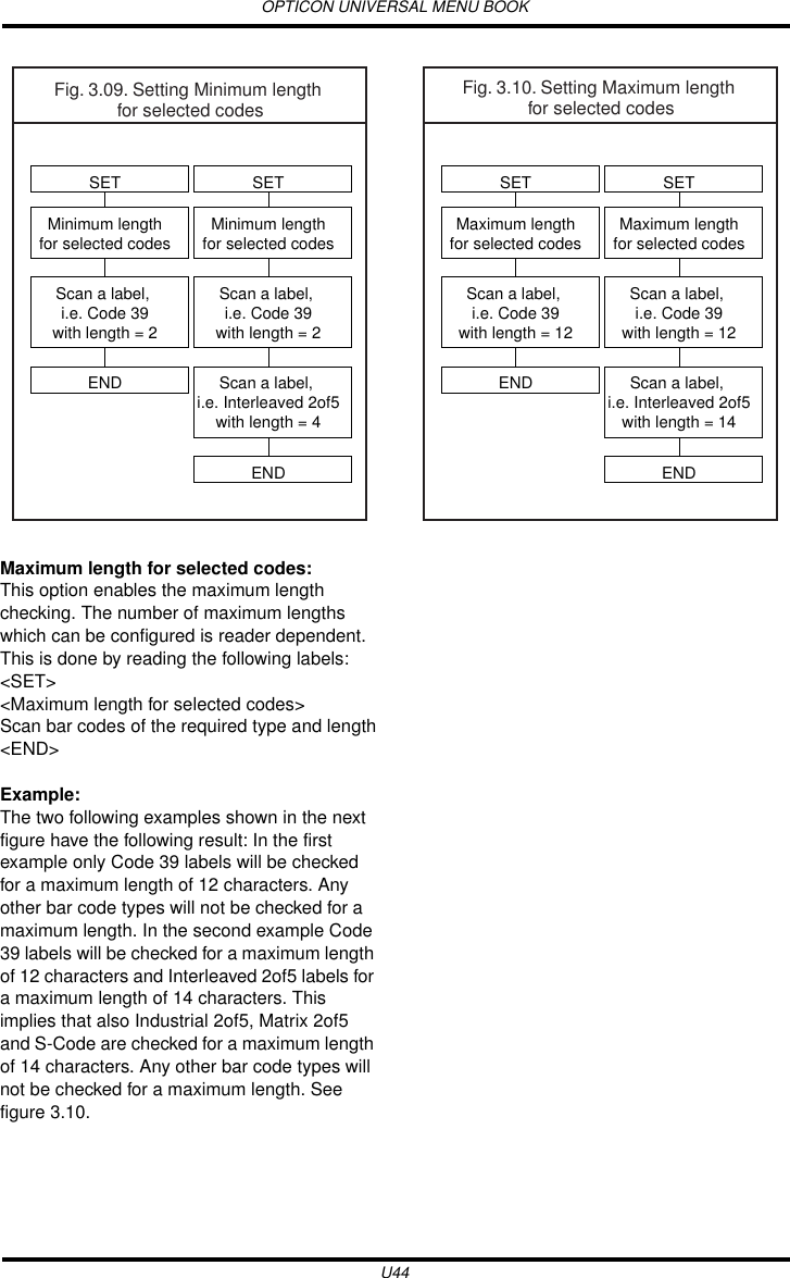 OPTICON UNIVERSAL MENU BOOKU44Maximum length for selected codes:This option enables the maximum length checking. The number of maximum lengths  which can be configured is reader dependent. This is done by reading the following labels:&lt;SET&gt;&lt;Maximum length for selected codes&gt;Scan bar codes of the required type and length&lt;END&gt;Example:The two following examples shown in the next figure have the following result: In the first example only Code 39 labels will be checked for a maximum length of 12 characters. Any other bar code types will not be checked for a maximum length. In the second example Code 39 labels will be checked for a maximum length of 12 characters and Interleaved 2of5 labels for a maximum length of 14 characters. This implies that also Industrial 2of5, Matrix 2of5 and S-Code are checked for a maximum length of 14 characters. Any other bar code types will not be checked for a maximum length. See figure 3.10.Fig. 3.09. Setting Minimum length for selected codesSETMinimum lengthfor selected codesScan a label, i.e. Code 39with length = 2Scan a label, i.e. Interleaved 2of5with length = 4ENDSETMinimum lengthfor selected codesScan a label, i.e. Code 39with length = 2ENDFig. 3.10. Setting Maximum length for selected codesSETMaximum lengthfor selected codesScan a label, i.e. Code 39with length = 12Scan a label, i.e. Interleaved 2of5with length = 14ENDSETMaximum lengthfor selected codesScan a label, i.e. Code 39with length = 12END