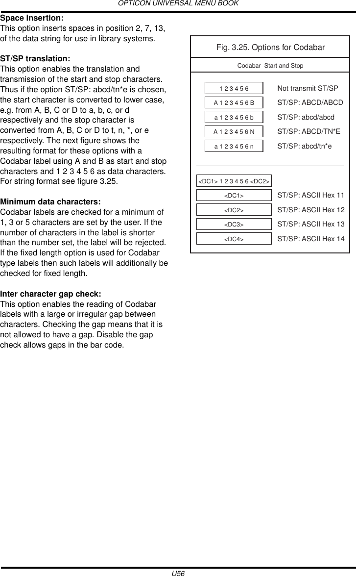 OPTICON UNIVERSAL MENU BOOKU56Space insertion:This option inserts spaces in position 2, 7, 13, of the data string for use in library systems.ST/SP translation:This option enables the translation and transmission of the start and stop characters. Thus if the option ST/SP: abcd/tn*e is chosen, the start character is converted to lower case, e.g. from A, B, C or D to a, b, c, or d respectively and the stop character is converted from A, B, C or D to t, n, *, or e respectively. The next figure shows the resulting format for these options with a Codabar label using A and B as start and stop characters and 1 2 3 4 5 6 as data characters. For string format see figure 3.25.Minimum data characters:Codabar labels are checked for a minimum of 1, 3 or 5 characters are set by the user. If the number of characters in the label is shorter than the number set, the label will be rejected. If the fixed length option is used for Codabar type labels then such labels will additionally be checked for fixed length.Inter character gap check:This option enables the reading of Codabar labels with a large or irregular gap between characters. Checking the gap means that it is not allowed to have a gap. Disable the gap check allows gaps in the bar code.Fig. 3.25. Options for CodabarCodabar  Start and Stop1 2 3 4 5 6Not transmit ST/SPA 1 2 3 4 5 6 BST/SP: ABCD/ABCDa 1 2 3 4 5 6 bST/SP: abcd/abcdA 1 2 3 4 5 6 NST/SP: ABCD/TN*Ea 1 2 3 4 5 6 nST/SP: abcd/tn*e&lt;DC1&gt;ST/SP: ASCII Hex 11&lt;DC2&gt;ST/SP: ASCII Hex 12&lt;DC3&gt;ST/SP: ASCII Hex 13&lt;DC4&gt;ST/SP: ASCII Hex 14&lt;DC1&gt; 1 2 3 4 5 6 &lt;DC2&gt;