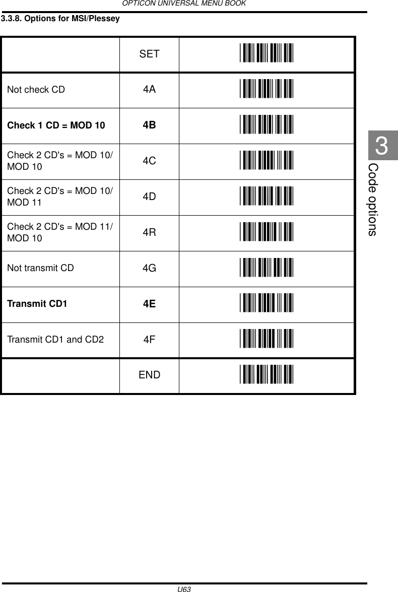 OPTICON UNIVERSAL MENU BOOKU63Code options33.3.8. Options for MSI/Plessey  SET _ZZ_Not check CD 4A _4A_Check 1 CD = MOD 10 4B _4B_Check 2 CD&apos;s = MOD 10/MOD 10 4C _4C_Check 2 CD&apos;s = MOD 10/MOD 11 4D _4D_Check 2 CD&apos;s = MOD 11/MOD 10 4R _4R_Not transmit CD 4G _4G_Transmit CD1 4E _4E_Transmit CD1 and CD2 4F _4F_END _ZZ_
