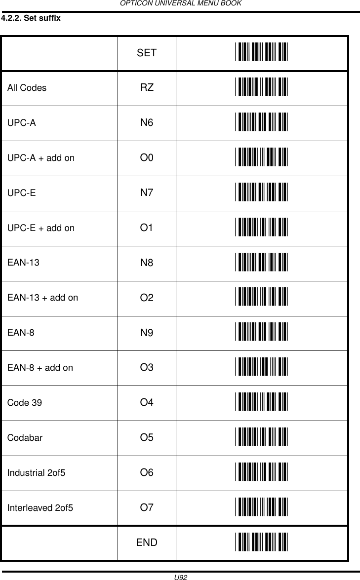OPTICON UNIVERSAL MENU BOOKU924.2.2. Set suffix  SET _ZZ_All Codes RZ _RZ_UPC-A N6 _N6_UPC-A + add on O0 _O0_UPC-E N7 _N7_UPC-E + add on O1 _O1_EAN-13 N8 _N8_EAN-13 + add on O2 _O2_EAN-8 N9 _N9_EAN-8 + add on O3 _O3_Code 39 O4 _O4_Codabar O5 _O5_Industrial 2of5 O6 _O6_Interleaved 2of5 O7 _O7_END _ZZ_