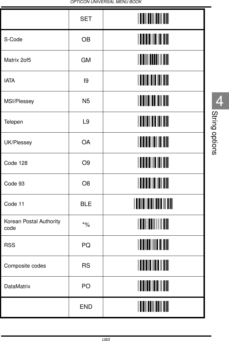OPTICON UNIVERSAL MENU BOOKU93String options4S-Code OB _OB_Matrix 2of5 GM _GM_IATA I9 _I9_MSI/Plessey N5 _N5_Telepen L9 _L9_UK/Plessey OA _OA_Code 128 O9 _O9_Code 93 O8 _O8_Code 11 BLE _BLE_Korean Postal Authority code *% _*%_RSS PQ _PQ_Composite codes RS _RS_DataMatrix PO _PO_SET _ZZ_END _ZZ_