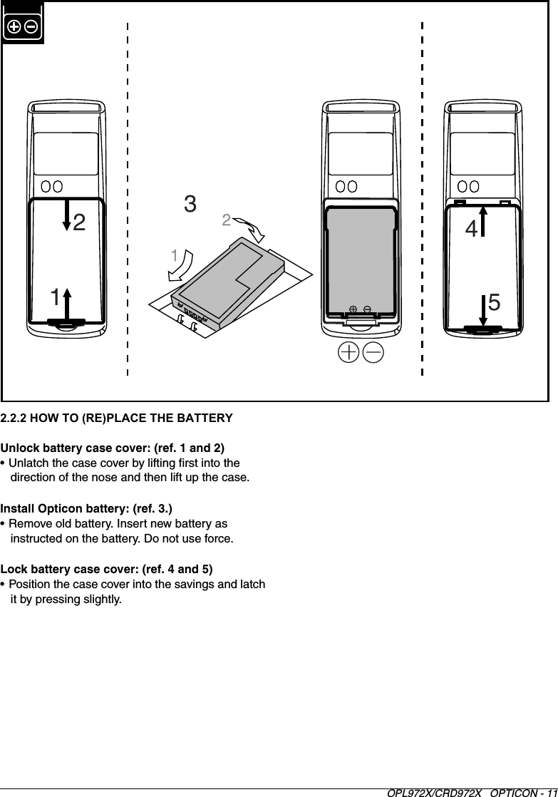 OPL972X/CRD972X   OPTICON - 112.2.2 HOW TO (RE)PLACE THE BATTERYUnlock battery case cover: (ref. 1 and 2) • Unlatch the case cover by lifting first into the direction of the nose and then lift up the case. Install Opticon battery: (ref. 3.) • Remove old battery. Insert new battery as instructed on the battery. Do not use force.Lock battery case cover: (ref. 4 and 5)• Position the case cover into the savings and latch it by pressing slightly.12453