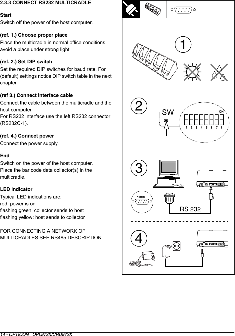 14 - OPTICON   OPL972X/CRD972X2.3.3 CONNECT RS232 MULTICRADLE StartSwitch off the power of the host computer.(ref. 1.) Choose proper placePlace the multicradle in normal office conditions, avoid a place under strong light.(ref. 2.) Set DIP switchSet the required DIP switches for baud rate. For (default) settings notice DIP switch table in the next chapter.(ref 3.) Connect interface cableConnect the cable between the multicradle and the host computer.For RS232 interface use the left RS232 connector (RS232C-1).(ref. 4.) Connect powerConnect the power supply. EndSwitch on the power of the host computer.Place the bar code data collector(s) in the multicradle.LED indicatorTypical LED indications are:red: power is onflashing green: collector sends to hostflashing yellow: host sends to collectorFOR CONNECTING A NETWORK OF MULTICRADLES SEE RS485 DESCRIPTION.3142ON1    2    3    4    5    6