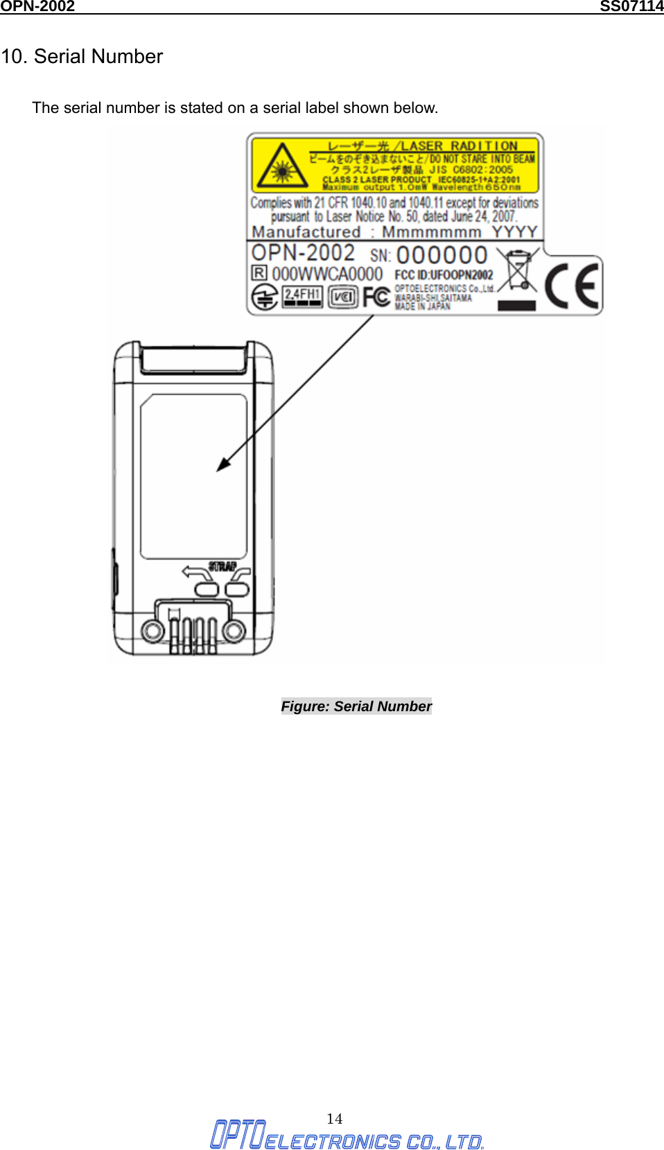 OPN-2002                                                                  SS07114  14 10. Serial Number  The serial number is stated on a serial label shown below.   Figure: Serial Number               