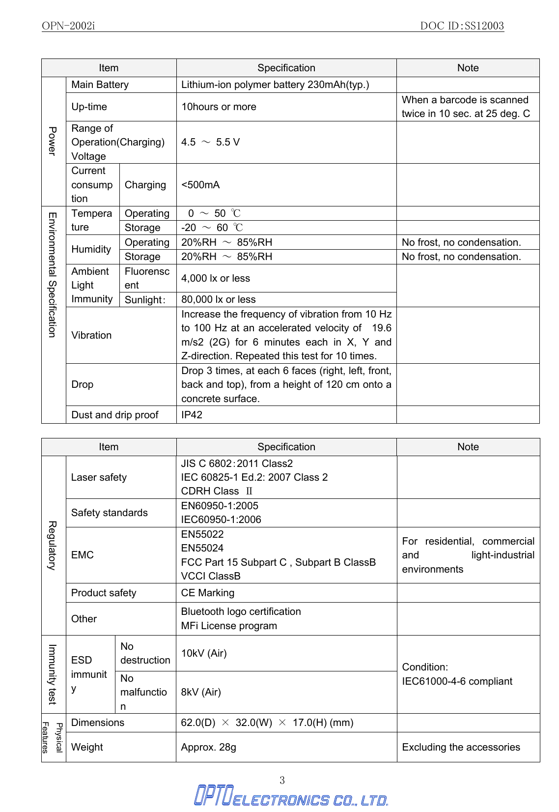 OPN-2002i                                                DOC ID：SS12003 3  Item  Specification  Note Main Battery  Lithium-ion polymer battery 230mAh(typ.)   Up-time  10hours or more  When a barcode is scanned twice in 10 sec. at 25 deg. CRange of Operation(Charging) Voltage 4.5  ～ 5.5 V   Power Current consumption     Charging &lt;500mA   Operating   0  ～ 50 ℃  Temperature  Storage  -20  ～ 60 ℃  Operating  20%RH  ～ 85%RH  No frost, no condensation. Humidity  Storage  20%RH  ～ 85%RH  No frost, no condensation. Fluorenscent  4,000 lx or less Ambient Light Immunity  Sunlight： 80,000 lx or less  Vibration Increase the frequency of vibration from 10 Hz to 100 Hz at an accelerated velocity of    19.6 m/s2 (2G) for 6 minutes each in X, Y and Z-direction. Repeated this test for 10 times.  Drop Drop 3 times, at each 6 faces (right, left, front, back and top), from a height of 120 cm onto a concrete surface.  Environmental Specification Dust and drip proof  IP42      Item  Specification  Note Laser safety JIS C 6802：2011 Class2 IEC 60825-1 Ed.2: 2007 Class 2 CDRH Class  Ⅱ  Safety standards  EN60950-1:2005 IEC60950-1:2006   EMC EN55022 EN55024 FCC Part 15 Subpart C , Subpart B ClassB VCCI ClassB For residential, commercial and light-industrial environments Product safety  CE Marking   Regulatory Other  Bluetooth logo certification MFi License program   No destruction  10kV (Air) Immunity test ESD immunity No malfunction 8kV (Air) Condition: IEC61000-4-6 compliant Dimensions  62.0(D)  × 32.0(W) × 17.0(H) (mm)   Physical Features Weight  Approx. 28g  Excluding the accessories 