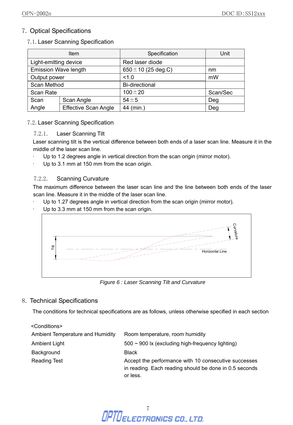 OPN-2002n                                               DOC ID：SS12xxx 7 7. Optical Specifications 7.1. Laser Scanning Specification Item  Specification  Unit Light-emitting device  Red laser diode   Emission Wave length  650±10 (25 deg.C)  nm Output power  &lt;1.0  mW Scan Method  Bi-directional   Scan Rate  100±20  Scan/Sec Scan Angle  54±5  Deg Scan Angle  Effective Scan Angle  44 (min.)  Deg  7.2. Laser Scanning Specification   7.2.1. Laser Scanning Tilt   Laser scanning tilt is the vertical difference between both ends of a laser scan line. Measure it in the middle of the laser scan line. •  Up to 1.2 degrees angle in vertical direction from the scan origin (mirror motor). •  Up to 3.1 mm at 150 mm from the scan origin.  7.2.2. Scanning Curvature The maximum difference between the laser scan line and the line between both ends of the laser scan line. Measure it in the middle of the laser scan line. •  Up to 1.27 degrees angle in vertical direction from the scan origin (mirror motor). •  Up to 3.3 mm at 150 mm from the scan origin.   Horizontal LineCurvatureTilt Figure 6 : Laser Scanning Tilt and Curvature  8. Technical Specifications The conditions for technical specifications are as follows, unless otherwise specified in each section  &lt;Conditions&gt; Ambient Temperature and Humidity  Room temperature, room humidity Ambient Light  500 ~ 900 lx (excluding high-frequency lighting) Background Black Reading Test  Accept the performance with 10 consecutive successes in reading. Each reading should be done in 0.5 seconds or less.    