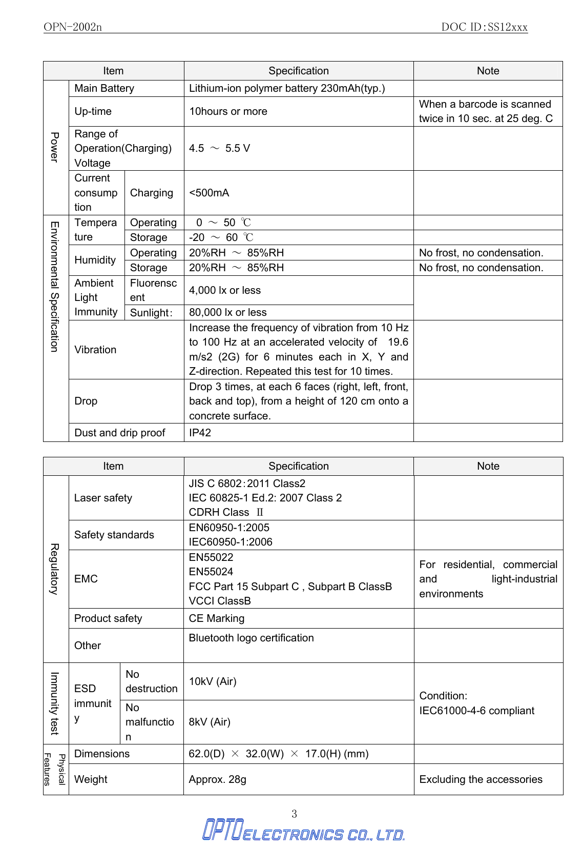 OPN-2002n                                               DOC ID：SS12xxx 3  Item  Specification  Note Main Battery  Lithium-ion polymer battery 230mAh(typ.)   Up-time  10hours or more  When a barcode is scanned twice in 10 sec. at 25 deg. CRange of Operation(Charging) Voltage 4.5  ～ 5.5 V   Power Current consumption     Charging &lt;500mA   Operating   0  ～ 50 ℃  Temperature  Storage  -20  ～ 60 ℃  Operating  20%RH  ～ 85%RH  No frost, no condensation. Humidity  Storage  20%RH  ～ 85%RH  No frost, no condensation. Fluorenscent  4,000 lx or less Ambient Light Immunity  Sunlight： 80,000 lx or less  Vibration Increase the frequency of vibration from 10 Hz to 100 Hz at an accelerated velocity of    19.6 m/s2 (2G) for 6 minutes each in X, Y and Z-direction. Repeated this test for 10 times.  Drop Drop 3 times, at each 6 faces (right, left, front, back and top), from a height of 120 cm onto a concrete surface.  Environmental Specification Dust and drip proof  IP42      Item  Specification  Note Laser safety JIS C 6802：2011 Class2 IEC 60825-1 Ed.2: 2007 Class 2 CDRH Class  Ⅱ  Safety standards  EN60950-1:2005 IEC60950-1:2006   EMC EN55022 EN55024 FCC Part 15 Subpart C , Subpart B ClassB VCCI ClassB For residential, commercial and light-industrial environments Product safety  CE Marking   Regulatory Other  Bluetooth logo certification   No destruction  10kV (Air) Immunity test ESD immunity No malfunction 8kV (Air) Condition: IEC61000-4-6 compliant Dimensions  62.0(D)  × 32.0(W) × 17.0(H) (mm)   Physical Features Weight  Approx. 28g  Excluding the accessories 