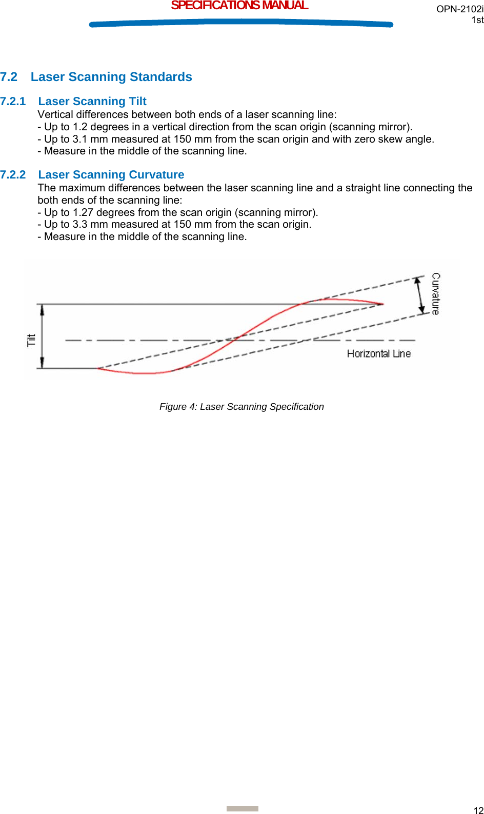 OPN-2102i 1st  12  SPECIFICATIONS MANUAL  7.2  Laser Scanning Standards 7.2.1  Laser Scanning Tilt Vertical differences between both ends of a laser scanning line: - Up to 1.2 degrees in a vertical direction from the scan origin (scanning mirror). - Up to 3.1 mm measured at 150 mm from the scan origin and with zero skew angle. - Measure in the middle of the scanning line. 7.2.2  Laser Scanning Curvature The maximum differences between the laser scanning line and a straight line connecting the both ends of the scanning line:  - Up to 1.27 degrees from the scan origin (scanning mirror). - Up to 3.3 mm measured at 150 mm from the scan origin. - Measure in the middle of the scanning line.    Figure 4: Laser Scanning Specification   