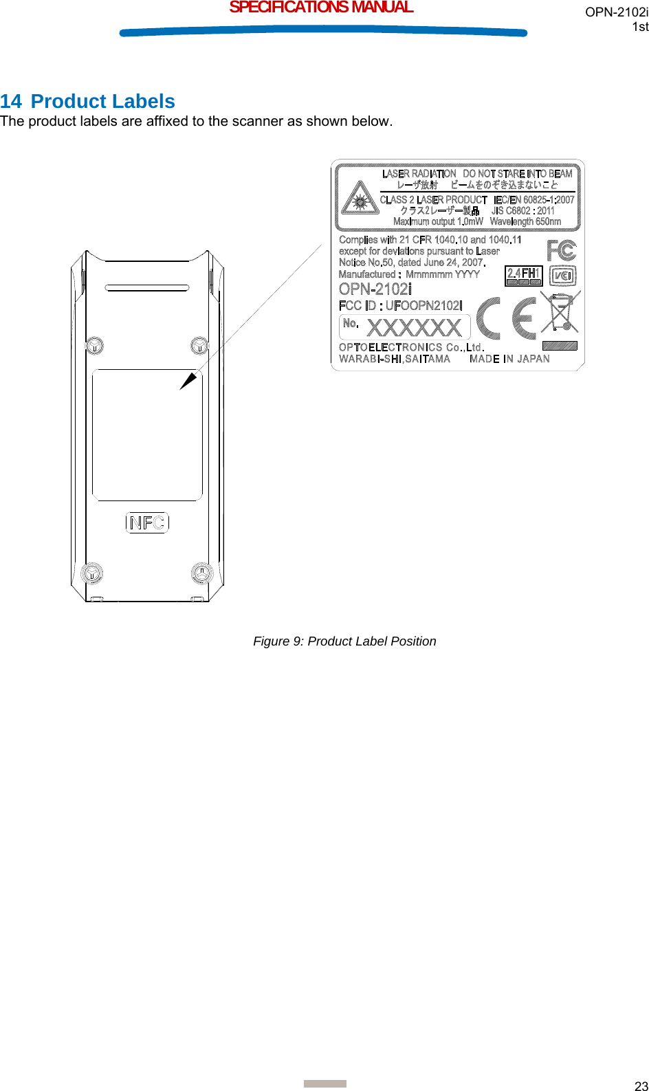 OPN-2102i 1st  23  SPECIFICATIONS MANUAL 14 Product Labels The product labels are affixed to the scanner as shown below.   Figure 9: Product Label Position  