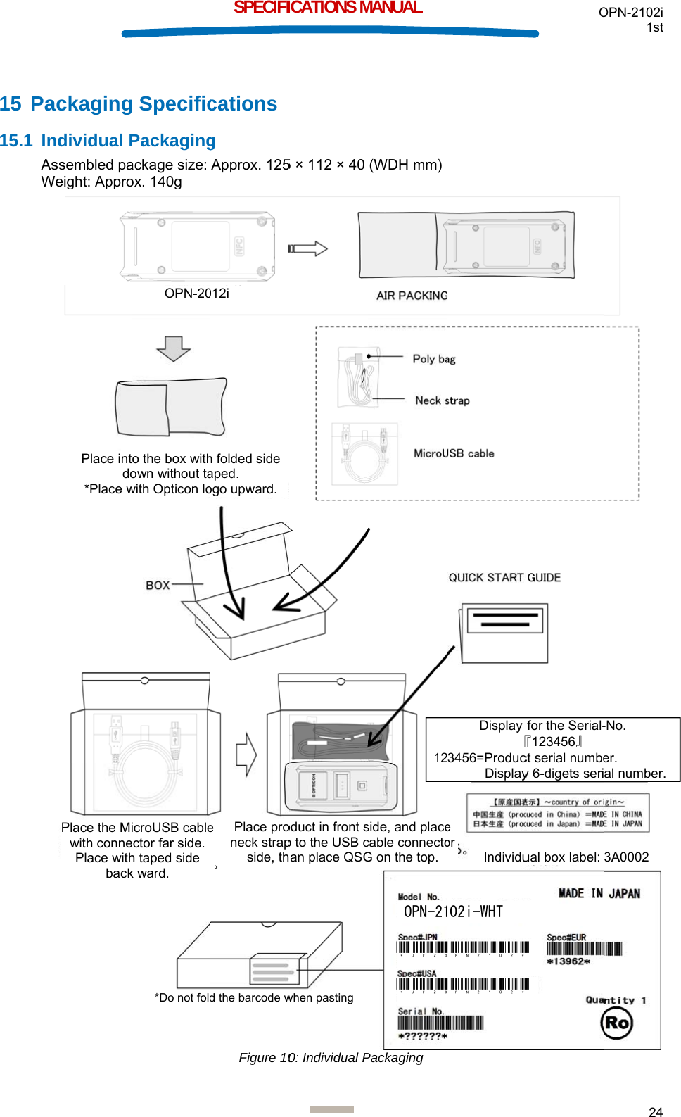 15 Pa15.1 InAsWackagingndividual Pssembled paWeight: ApproPlace intdo*Place wPlace the Miwith connePlace withbackg SpecificPackagingackage size: ox. 140g OPN-20to the box withown without tawith Opticon loicroUSB cableector far side. h taped side k ward. *Do not foldSPECIFIcationsg Approx. 125Figure 10012i h folded side aped. ogo upward.e Place proneck strapside, thd the barcode w ICATIONS M5 × 112 × 400: Individual Poduct in front sp to the USB chan place QSGwhen pasting MANUAL (WDH mm)Packaging OPN-21*UF2O*UF2Oside, and placecable connectoG on the top.12   102i-WHT OPN2102*OPN2102*e or IndividuDisplay 『3456=Produc          DisplayO* * ual box label: for the Serial-『123456』 ct serial numbey 6-digets seriOPN-2102i 1st 24   3A0002 -No. er. al number.