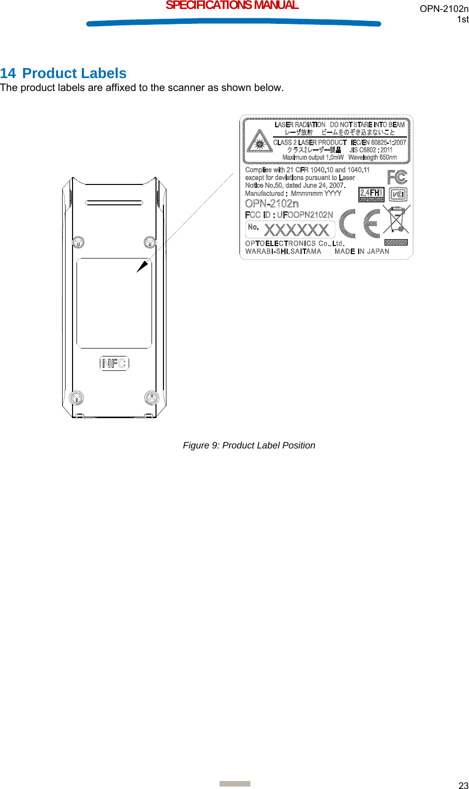 OPN-2102n 1st  23  SPECIFICATIONS MANUAL 14 Product Labels The product labels are affixed to the scanner as shown below.   Figure 9: Product Label Position  