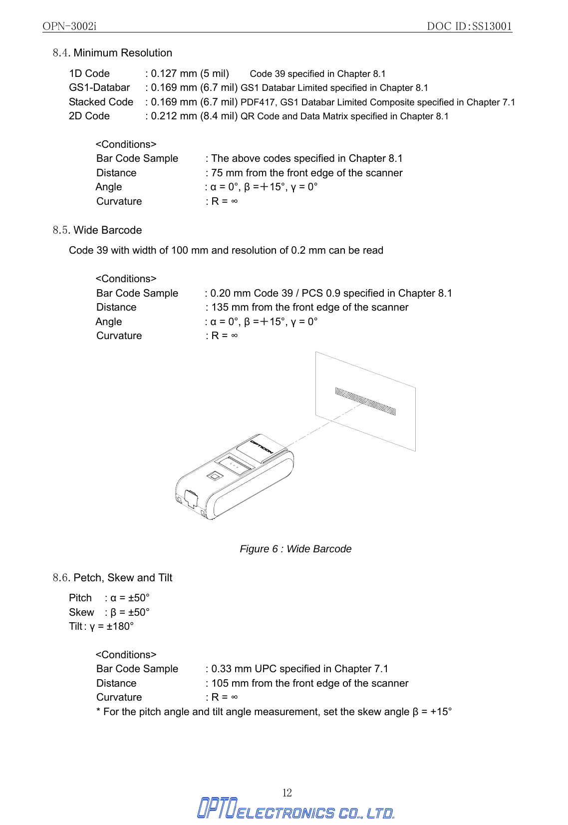 OPN-3002i                                                DOC ID：SS13001 12 8.4. Minimum Resolution 1D Code  : 0.127 mm (5 mil)        Code 39 specified in Chapter 8.1 GS1-Databar  : 0.169 mm (6.7 mil) GS1 Databar Limited specified in Chapter 8.1 Stacked Code  : 0.169 mm (6.7 mil) PDF417, GS1 Databar Limited Composite specified in Chapter 7.1 2D Code  : 0.212 mm (8.4 mil) QR Code and Data Matrix specified in Chapter 8.1  &lt;Conditions&gt; Bar Code Sample  : The above codes specified in Chapter 8.1 Distance  : 75 mm from the front edge of the scanner Angle  : α = 0°, β =＋15°, γ = 0° Curvature  : R = ∞  8.5. Wide Barcode Code 39 with width of 100 mm and resolution of 0.2 mm can be read  &lt;Conditions&gt; Bar Code Sample  : 0.20 mm Code 39 / PCS 0.9 specified in Chapter 8.1 Distance  : 135 mm from the front edge of the scanner Angle  : α = 0°, β =＋15°, γ = 0° Curvature  : R = ∞   Figure 6 : Wide Barcode  8.6. Petch, Skew and Tilt Pitch : α = ±50° Skew : β = ±50° Tilt :  γ = ±180°  &lt;Conditions&gt; Bar Code Sample  : 0.33 mm UPC specified in Chapter 7.1 Distance  : 105 mm from the front edge of the scanner Curvature  : R = ∞ * For the pitch angle and tilt angle measurement, set the skew angle β = +15° 