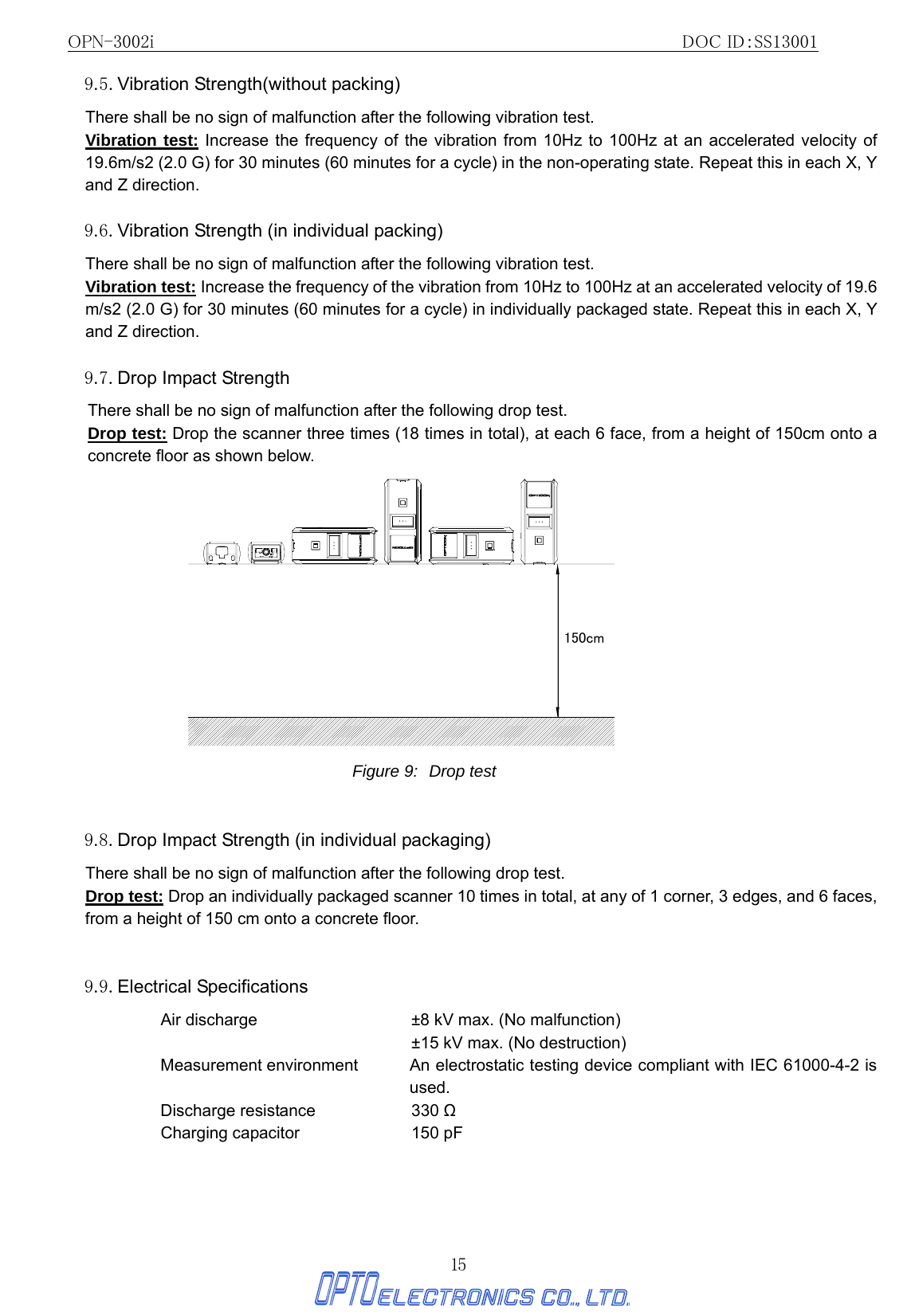 OPN-3002i                                                DOC ID：SS13001 15 9.5. Vibration Strength(without packing)   There shall be no sign of malfunction after the following vibration test.  Vibration test: Increase the frequency of the vibration from 10Hz to 100Hz at an accelerated velocity of 19.6m/s2 (2.0 G) for 30 minutes (60 minutes for a cycle) in the non-operating state. Repeat this in each X, Y and Z direction.    9.6. Vibration Strength (in individual packing)   There shall be no sign of malfunction after the following vibration test. Vibration test: Increase the frequency of the vibration from 10Hz to 100Hz at an accelerated velocity of 19.6 m/s2 (2.0 G) for 30 minutes (60 minutes for a cycle) in individually packaged state. Repeat this in each X, Y and Z direction.    9.7. Drop Impact Strength There shall be no sign of malfunction after the following drop test. Drop test: Drop the scanner three times (18 times in total), at each 6 face, from a height of 150cm onto a concrete floor as shown below.   150cm Figure 9: Drop test    9.8. Drop Impact Strength (in individual packaging) There shall be no sign of malfunction after the following drop test. Drop test: Drop an individually packaged scanner 10 times in total, at any of 1 corner, 3 edges, and 6 faces, from a height of 150 cm onto a concrete floor.  9.9. Electrical Specifications Air discharge  ±8 kV max. (No malfunction) ±15 kV max. (No destruction) Measurement environment  An electrostatic testing device compliant with IEC 61000-4-2 is used. Discharge resistance  330 Ω Charging capacitor  150 pF 