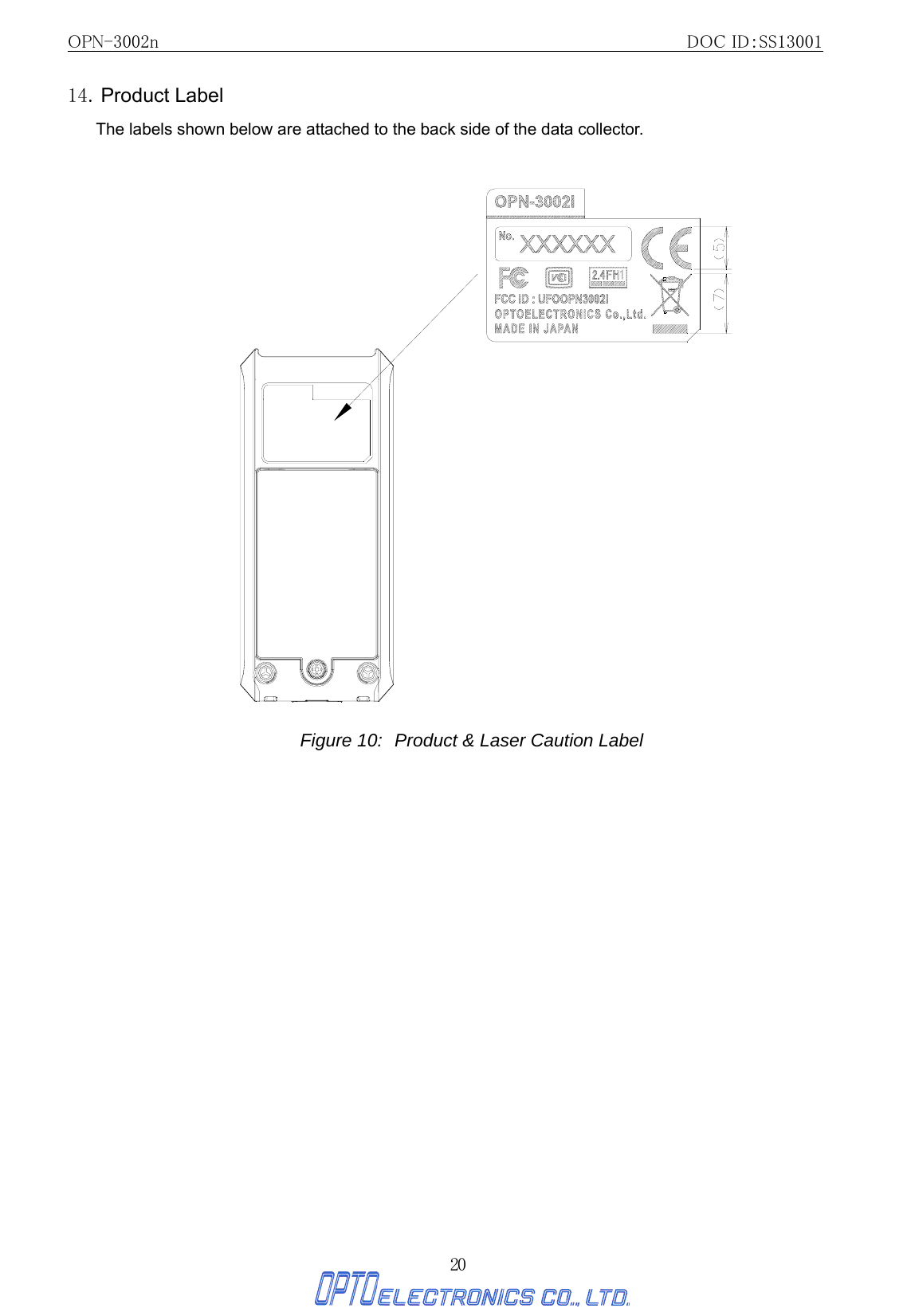 OPN-3002n                                                         DOC ID：SS13001 20 14. Product Label The labels shown below are attached to the back side of the data collector.   Figure 10: Product &amp; Laser Caution Label   