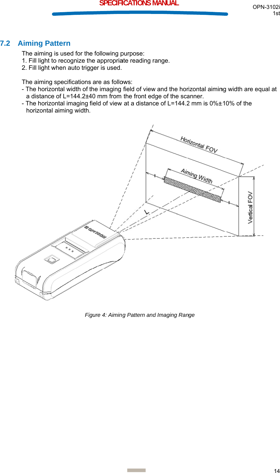  7.2 AT12 T--   Aiming PatThe aiming is1. Fill light to2. Fill light wThe aiming s- The horizona distance - The horizonhorizontal attern s used for tho recognize thhen auto trigspecificationsntal width of of L=144.2±4ntal imaging aiming widthFiSPECIFIe following phe appropriagger is used. s are as follothe imaging 40 mm from field of view . igure 4: Aimin ICATIONS Mpurpose: ate reading ra  ows: field of viewthe front edg at a distanc ng Pattern andMANUAL ange.  and the horge of the scae of L=144.2d Imaging Ranizontal aiminanner. 2 mm is 0%±ge  Ong width are ±10% of the OPN-3102i 1st 14  equal at  