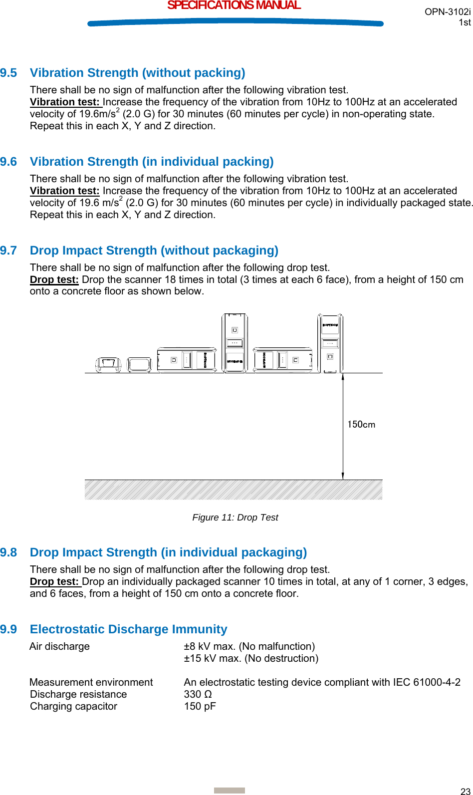 OPN-3102i 1st  23  SPECIFICATIONS MANUAL  9.5 Vibration Strength (without packing) There shall be no sign of malfunction after the following vibration test.  Vibration test: Increase the frequency of the vibration from 10Hz to 100Hz at an accelerated velocity of 19.6m/s2 (2.0 G) for 30 minutes (60 minutes per cycle) in non-operating state. Repeat this in each X, Y and Z direction.  9.6 Vibration Strength (in individual packing) There shall be no sign of malfunction after the following vibration test. Vibration test: Increase the frequency of the vibration from 10Hz to 100Hz at an accelerated velocity of 19.6 m/s2 (2.0 G) for 30 minutes (60 minutes per cycle) in individually packaged state. Repeat this in each X, Y and Z direction.  9.7  Drop Impact Strength (without packaging) There shall be no sign of malfunction after the following drop test. Drop test: Drop the scanner 18 times in total (3 times at each 6 face), from a height of 150 cm onto a concrete floor as shown below.  150cm Figure 11: Drop Test  9.8  Drop Impact Strength (in individual packaging) There shall be no sign of malfunction after the following drop test. Drop test: Drop an individually packaged scanner 10 times in total, at any of 1 corner, 3 edges, and 6 faces, from a height of 150 cm onto a concrete floor.  9.9  Electrostatic Discharge Immunity Air discharge  ±8 kV max. (No malfunction) ±15 kV max. (No destruction)  Measurement environment  An electrostatic testing device compliant with IEC 61000-4-2 Discharge resistance  330 Ω Charging capacitor  150 pF   
