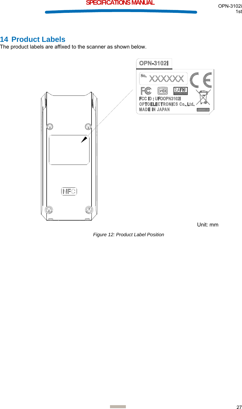  OPN-3102i 1st  27  SPECIFICATIONS MANUAL 14 Product Labels The product labels are affixed to the scanner as shown below.   Figure 12: Product Label Position   Unit: mm 