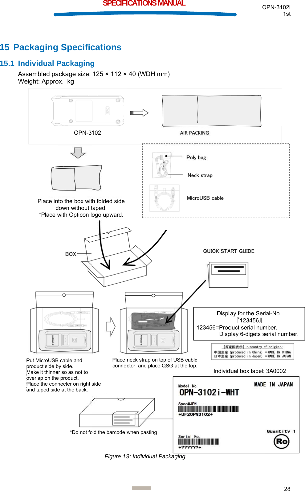 15 Pa15.1 InAsW ackagingndividual Pssembled paWeight: ApproPlace ind*Place wPut MicroUSBproduct side bMake it thinneoverlap on thePlace the conand taped sideg SpecificPackagingackage size: ox.  kg  nto the box witdown without twith Opticon lo*Do not foOPN-3B cable and by side. er so as not to e product. necter on right se at the back. SPECIFIcationsg 125 × 112 ×Figure 13h folded side taped. ogo upward.old the barcode w102 side Place conne ICATIONS M 40 (WDH m3: Individual Pwhen pastingneck strap on toctor, and place MANUAL mm) Packaging  op of USB cableQSG at the topDispla123456=Prod              Dispe .  Individ Oay for the Ser『123456』duct serial numplay 6-digets sdual box label:OPN-3102i 1st 28  rial-No.  mber. serial number.3A0002  